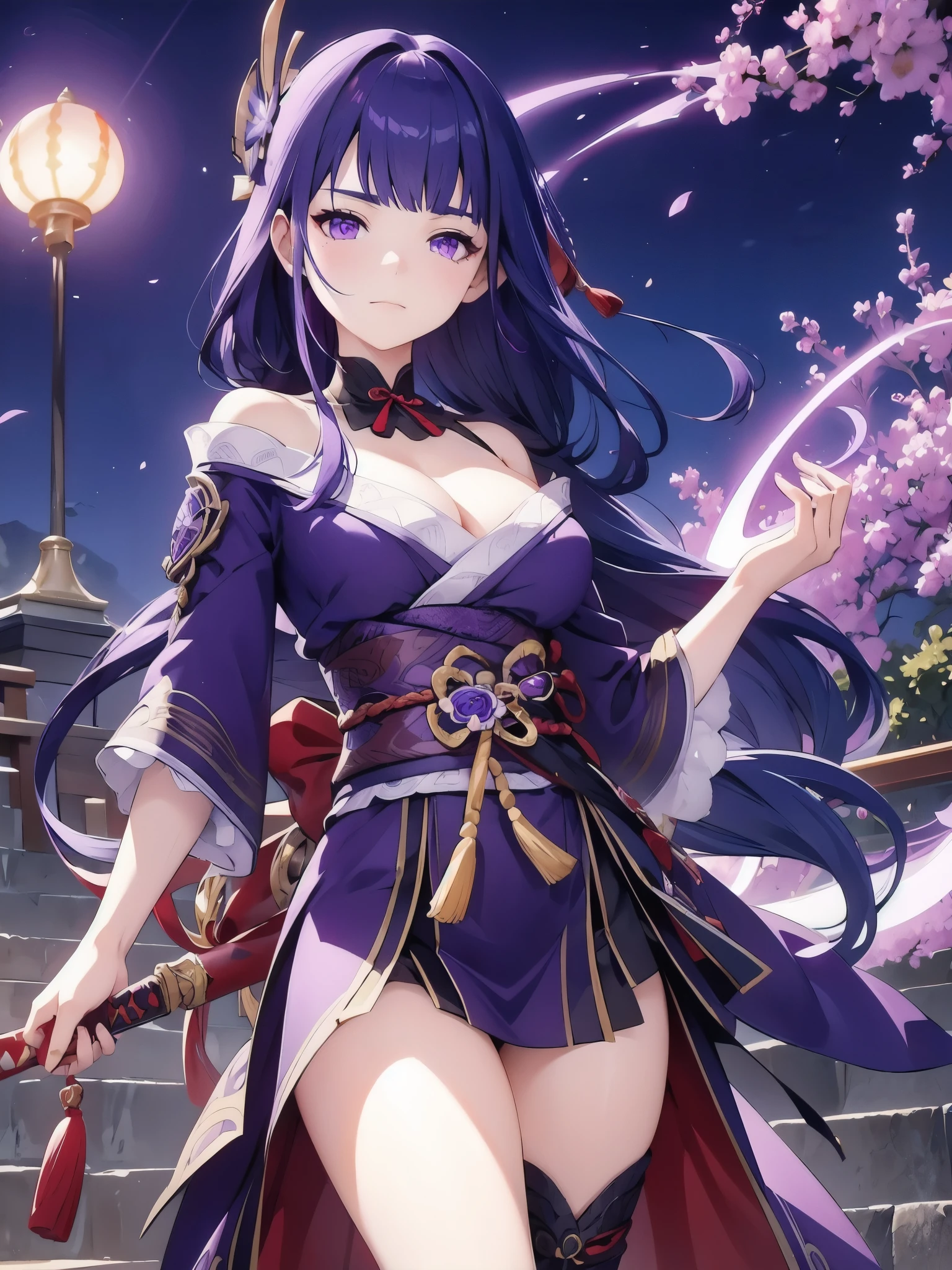 shogun, 1girl, solo, long hair, looking at viewer, hair ornament, thighhighs, long sleeves, ribbon, holding, cleavage, closed mouth, purple eyes, weapon, purple hair, braid, flower, japanese clothes, sword, wide sleeves, kimono, holding weapon, armor, mole, blurry, sash, mole under eye, holding sword, obi, shoulder armor, tassel, bridal gauntlets, stairs, purple flower, vision (genshin impact), obijime, tomoe (symbol), obiage, mitsudomoe (shape)