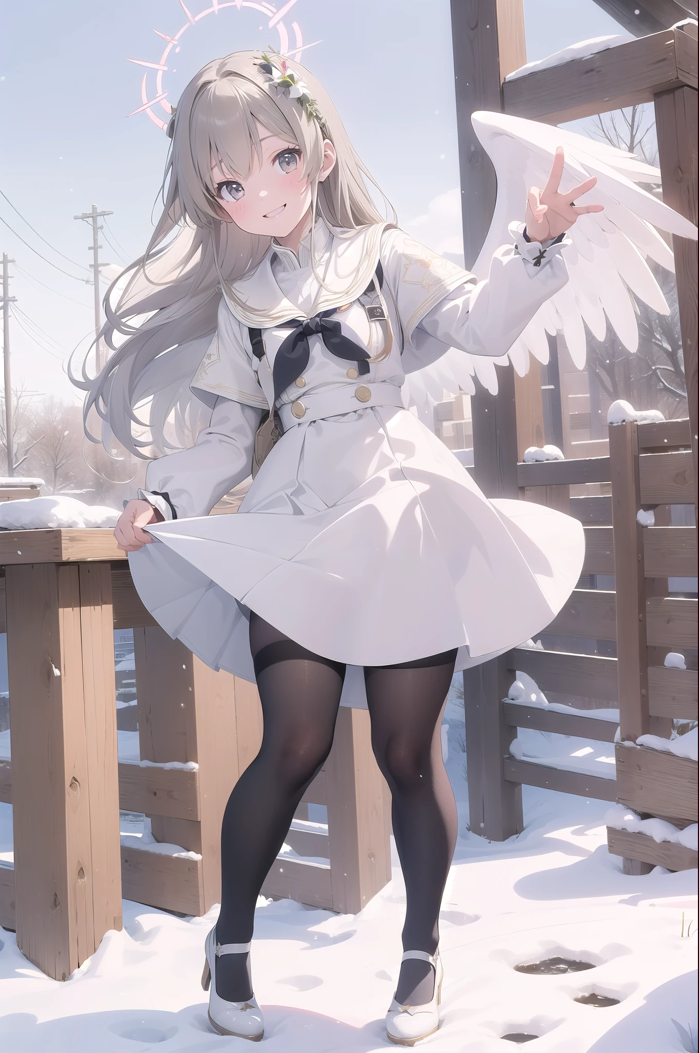 (masterpiece:1.3), (absurdres:1.3), (best quality:1.3), (ultra-detailed:1.3), snow, outdoors, full body, waving, smile, 1girl, nagisa-fi, halo, white wings, long sleeves, white dress, sailor collar, capelet, white skirt, black pantyhose, white high heels,Big angel wings、Big Wings、