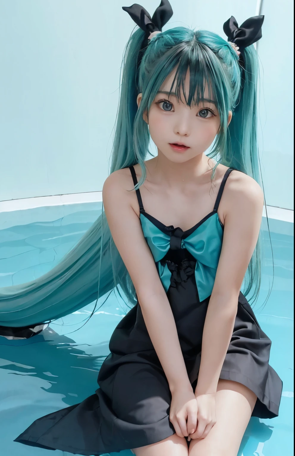 {The theme is Hatsune Miku}、(crazy long turquoise hair:1.5)、(From the knee up)、Twin tails、((black ribbon scrunchie))、(black　Camisole dress)、, Shiny Hair, Expressive hair, crystal hair, Gradient Eye, Artistic, Conceptual Art, Glitter effect , Shine, Ultra-high resolution, retina, masterpiece, Accurate, Anatomically correct, Very detailed, Attention to detail, Fine skin,((Flat body、slim、cute:1.3))、((Dark blue sea background))、(((the face of a :1.15)))、