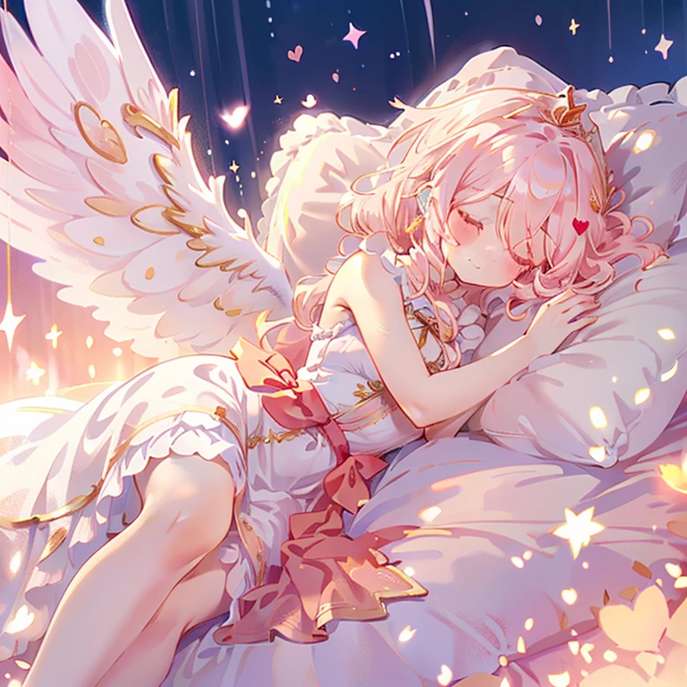 white background,((rose field)),(((Sleeping on his side with a smile on his face:1.1))),(sleep peacefully),shot from the side,Close ~ eyes,((long red dress that covers the legs)),((Sparkling red fluffy layered ball gown)),A large and beautiful dress inspired by rose flowers, lots of flowers、gold decoration,black ruffles、Intricate billowing ball gown with rhinestones,my heart is floating, ((giant white fairy wings))、gradient hair, golden hair, hair in the wind, wavy hair,fluffy hair,tiara,long eyelashes, light pink blush,pointed ears, long and thin legs, golden hour, dazzling light, warm lighting,only one face