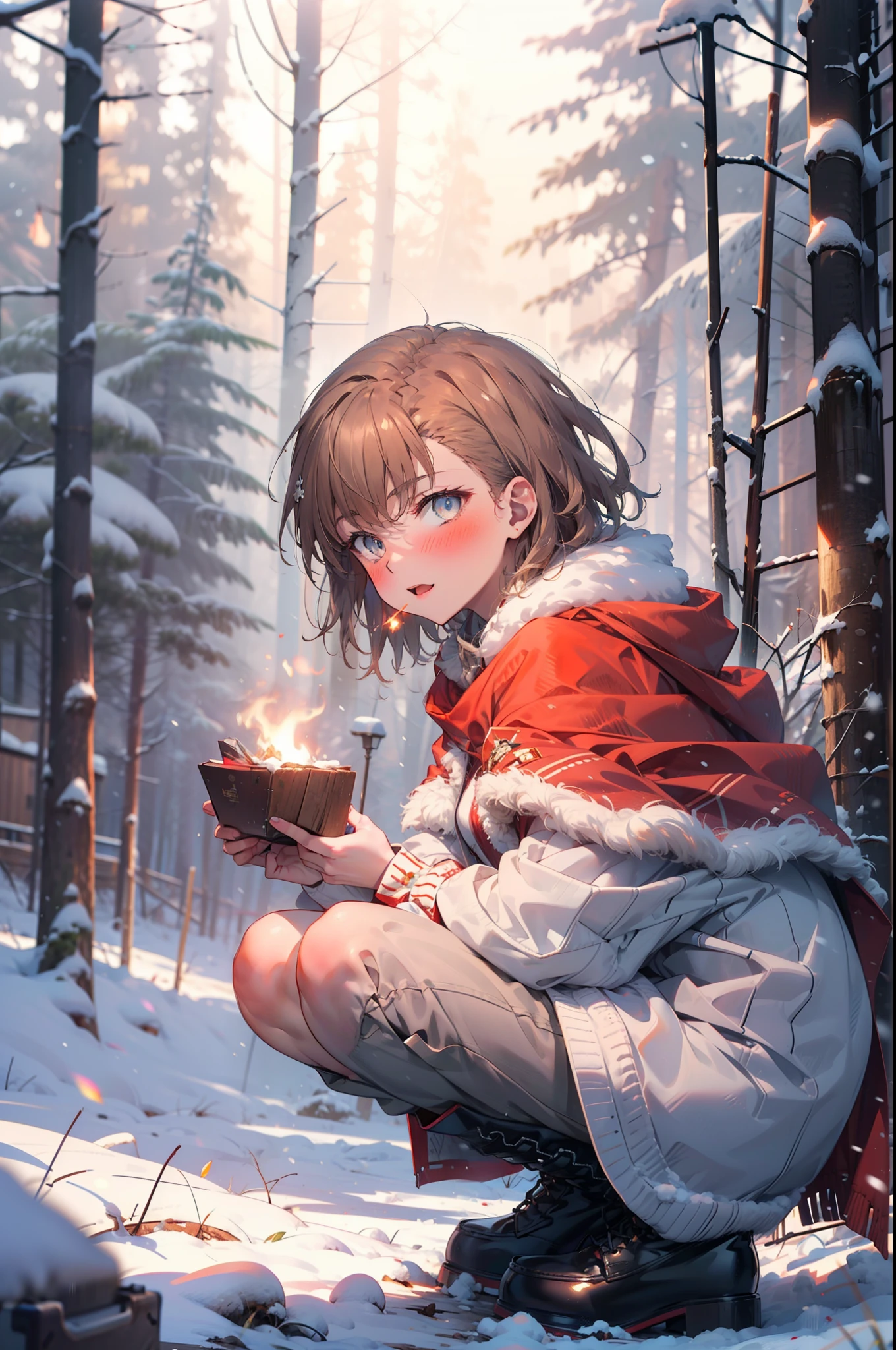 Mycotrose, Brown eyes,Brown Hair,short hair,smile,blush,White Breath,
Open your mouth,snow,Ground bonfire, Outdoor, boots, snowing, From the side, wood, suitcase, Cape, Blurred, Eat a meal, forest, White handbag, nature, Squat, Mouth closed, Cape, winter, Written boundary depth, Black shoes, red Cape break looking at viewer, Upper Body, whole body, break Outdoor, forest, nature, break (masterpiece:1.2), highest quality, High resolution, unity 8k wallpaper, (shape:0.8), (Beautiful and beautiful eyes:1.6), Highly detailed face, Perfect lighting, Highly detailed CG, (Perfect hands, Perfect Anatomy),