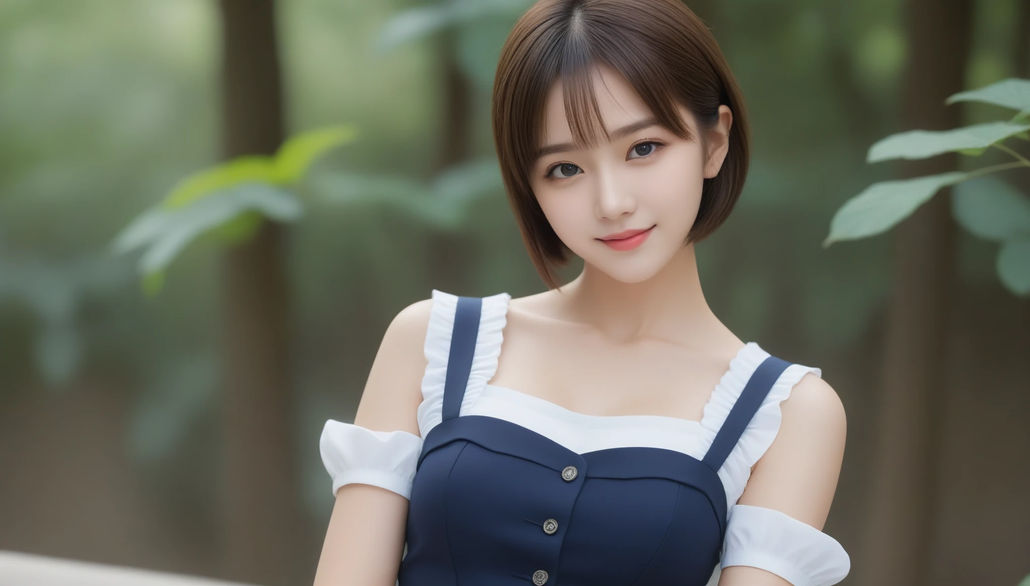 8K, Ultra-high resolution, highest quality, masterpiece, Surreal, photograph, 1 girl, (:1.3), pretty girl, Cute face, Beautiful eyes in every detail,masterpiece,highest quality、Full body portrait、Delicate face、Cute face、25-year-old woman、Slim figure、 bust、OL Uniform、Office Clothes、Black Stockings、Outdoor Scene、seat,Bob Cut Hair、Look at the audience、beauty,Long neck、Smile a little、Please close your mouth and laugh、(((Ideal body proportions))),A cup small breasts :2,、Portraiture:2、Perfect Anatomy、Vivid details、detailed、Surreal、Light and shadow,Strong light,Fashion magazine cover,Thin lips