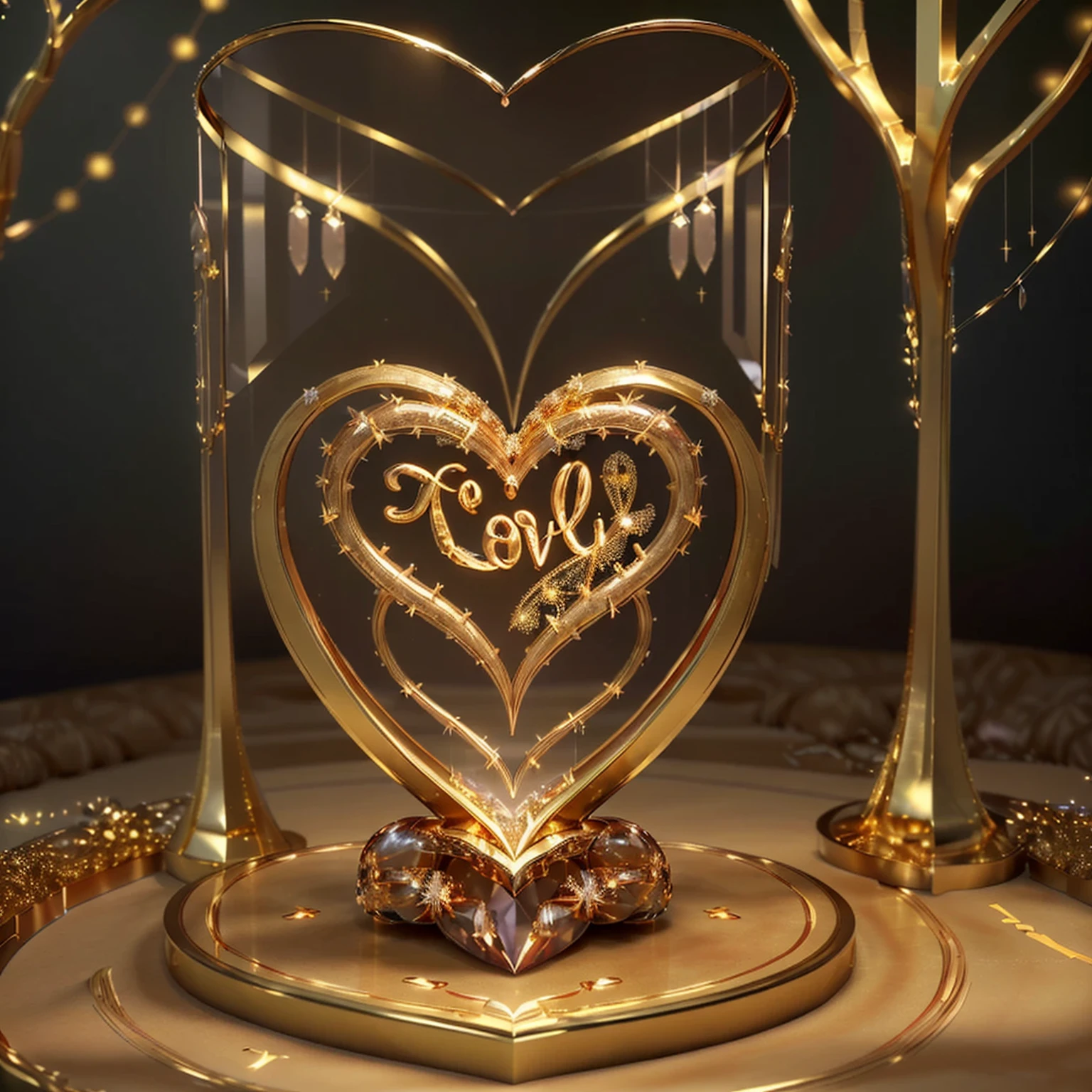 A captivating 3D rendering of a luxurious crystal heart, intricately engraved with the name "LOVE , I Love You" in bold, cursive gold typography. The heart emits a warm, golden glow, contrasting beautifully against the backdrop of illuminated trees and twinkling gold balloons. The festive atmosphere is further enhanced by the presence of the heart, which exudes elegance and sophistication. This enchanting creation masterfully combines complex design, a celebratory ambiance, and exceptional 3D rendering, making it the perfect addition to any festive occasion. The blend of illustration, photography, product design, typography, and 3D rendering creates an unforgettable and visually captivating experience., typography, illustration, photo, product, 3d render