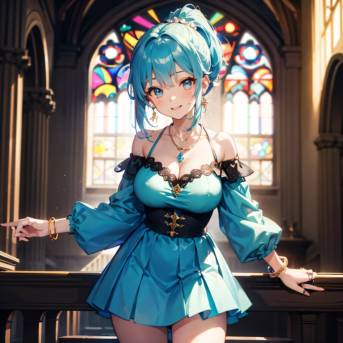 Anime Moe Art Style,Highest quality,High resolution,Anatomically correct,One Girl,Mid-teens,Girl with light blue hair in a ponytail,Very detailed,Fantasy World,Big Breasts,Shiny skin,Beautiful Skin,A rich expression,Laughing with your mouth open,Outdoor,Church in the background. Small children playing,Detailed drawn eyes,Neat and Clean Fashion,hair ornaments,necklace,bracelet,ring,8K