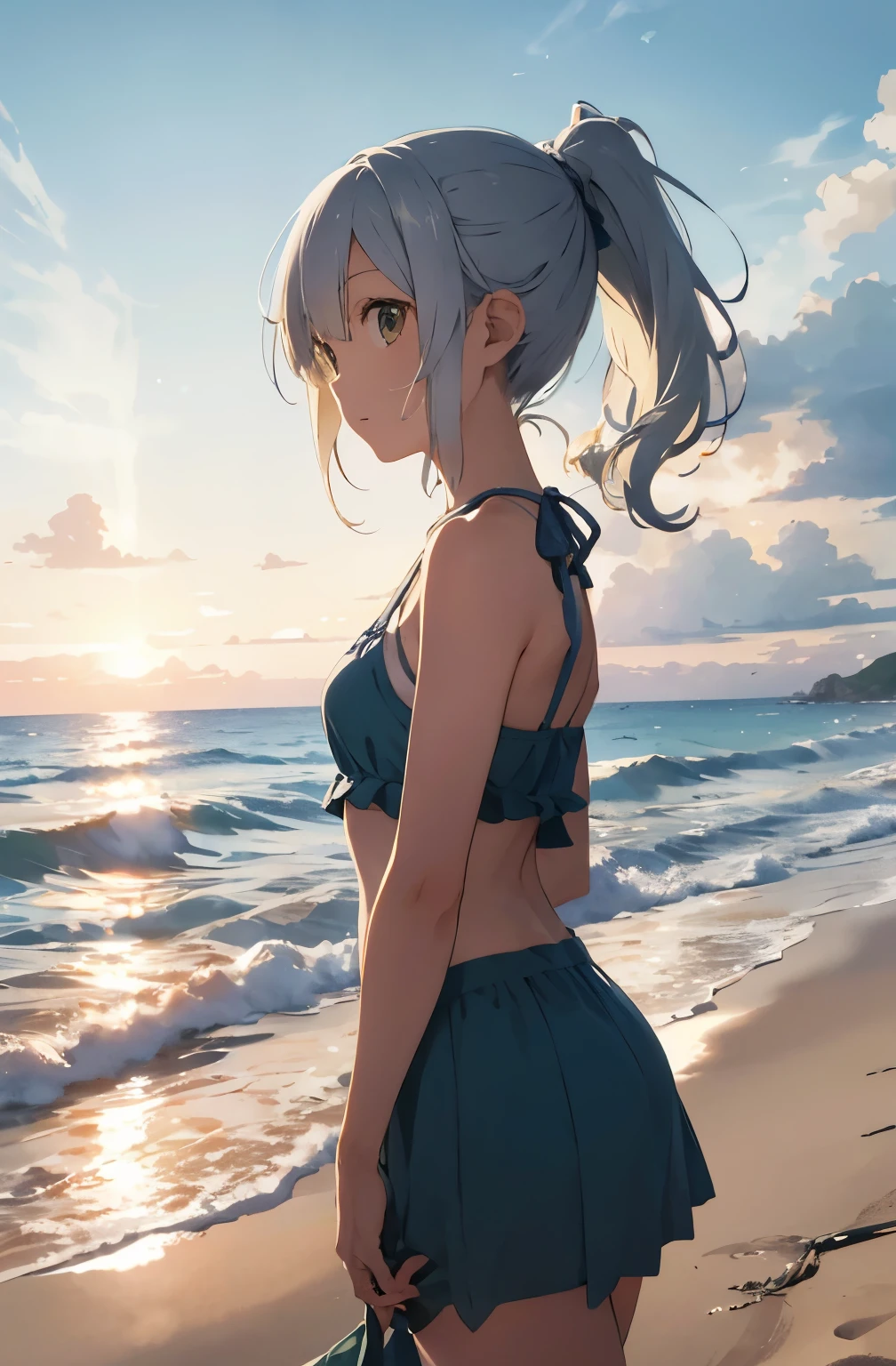 Silver-haired girl drawn in high resolution Japanese anime style、Standing alone on the white sand beach of a deserted island。She is wearing a gorgeous yellow bikini.、Her hair is in a ponytail that sparkles in the light......。The sea in the background shines emerald green......、The beach is littered with shells and pebbles.、time々、Small waves gently wash up on the shore。熱帯のwood々Swaying in the Wind、Mr......々Among the branches々Birds are singing..。wood々Colorful flowers blooming in abundance、The entire island is filled with abundant nature......。On the horizon of a distant sea、The setting sun casts a beautiful orange glow over the ocean.、It gives the whole place a mystical feel......。、Wakame seaweed、Wakame seaweed、Wakame seaweed、Wakame seaweed、Wakame seaweed、Wakame seaweed、