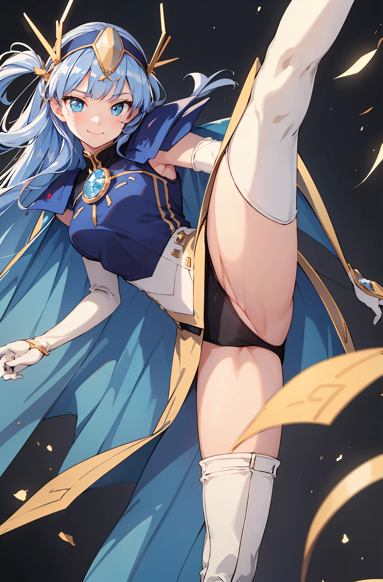 upper body,ceiling,smile,shiny skin, dynamic pose, BREAK,(standing on one leg, leg lift, standing split:1.5),ass focus,fantasy,1girl umi ryuuzaki hairband headgear, blue armor shoulder armor blue cape elbow gloves leotard white thighhighs,cameltoe,masterpiece,Noise Reduction,perfect anatomy,high resolution, ultra-detailed,game cg,dutch angle ,beautiful detailed eyes,visualart,five fingers, perfect hands, perfect lighting,