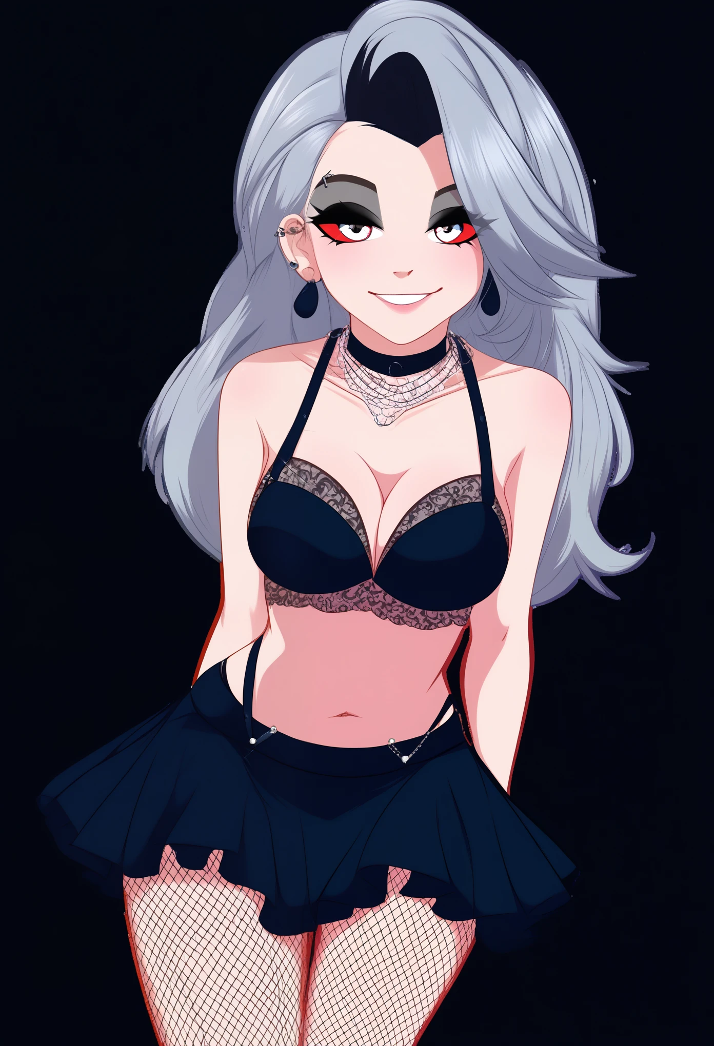 (Masterpiece), (Best Quality), (Hi Res), female, looking at viewer, skinny,  loona , loona posing seductively, transparent background, solo,white hair, medium hair, smile, facial hair,  ( by dagasi,by syuro),  dancer, cabaret dancer, fishnets, fishnet stockings, flouncy skirts, skirt, frilly skirt, frilly blouse, cleavage, burlesque, makeup, thigh high stockings, suspenders, garter belt, garterbelt, teather,