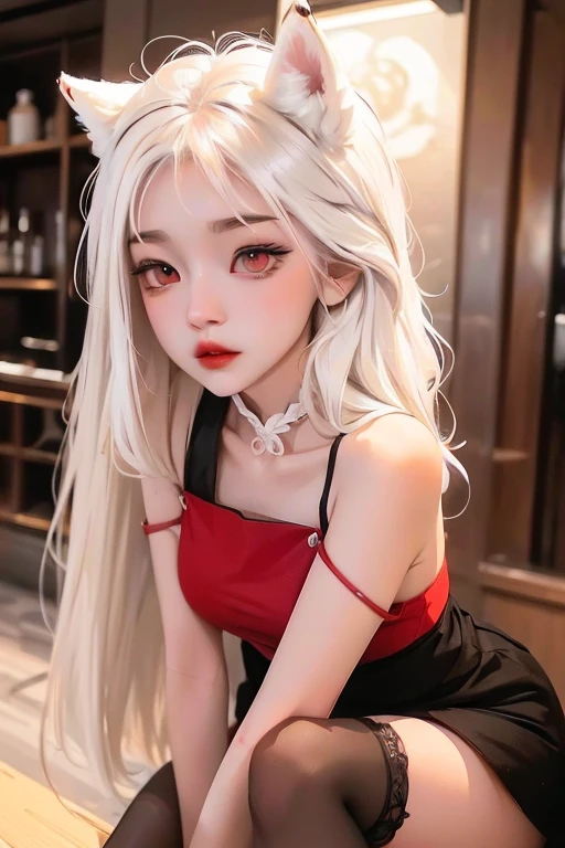 White haired cute anime girl with red eyes wearing a black crop top, black skirt and thigh high black socks with 5 mythical fox tails no backgroud red eye color