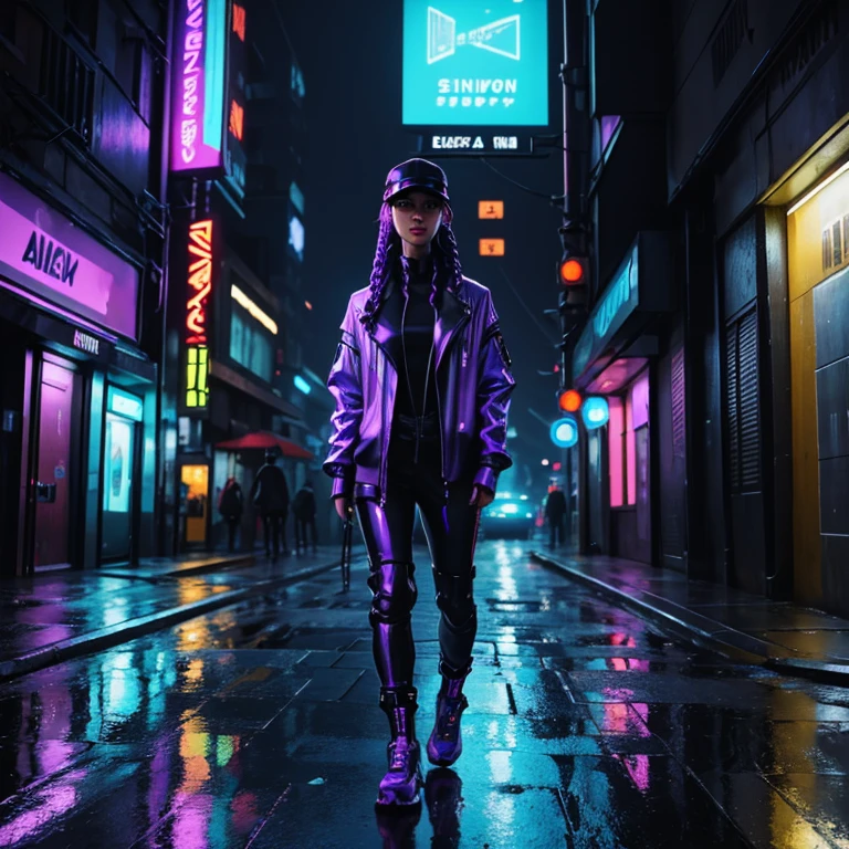oil painting,young woman, cyberpunk,walking along the sidewalk, hands in pockets, in an urban dystopian setting, neon lights reflecting off a wet sidewalk, dressed in edgy futuristic clothing, augmented reality visor, cybernetic enhancements, metallic details, long braided hair in blue and purple hues, bright neon colors, urban decay, cinematic lighting, holographic displays visible in the background, rainy night, rough environment,light smiles