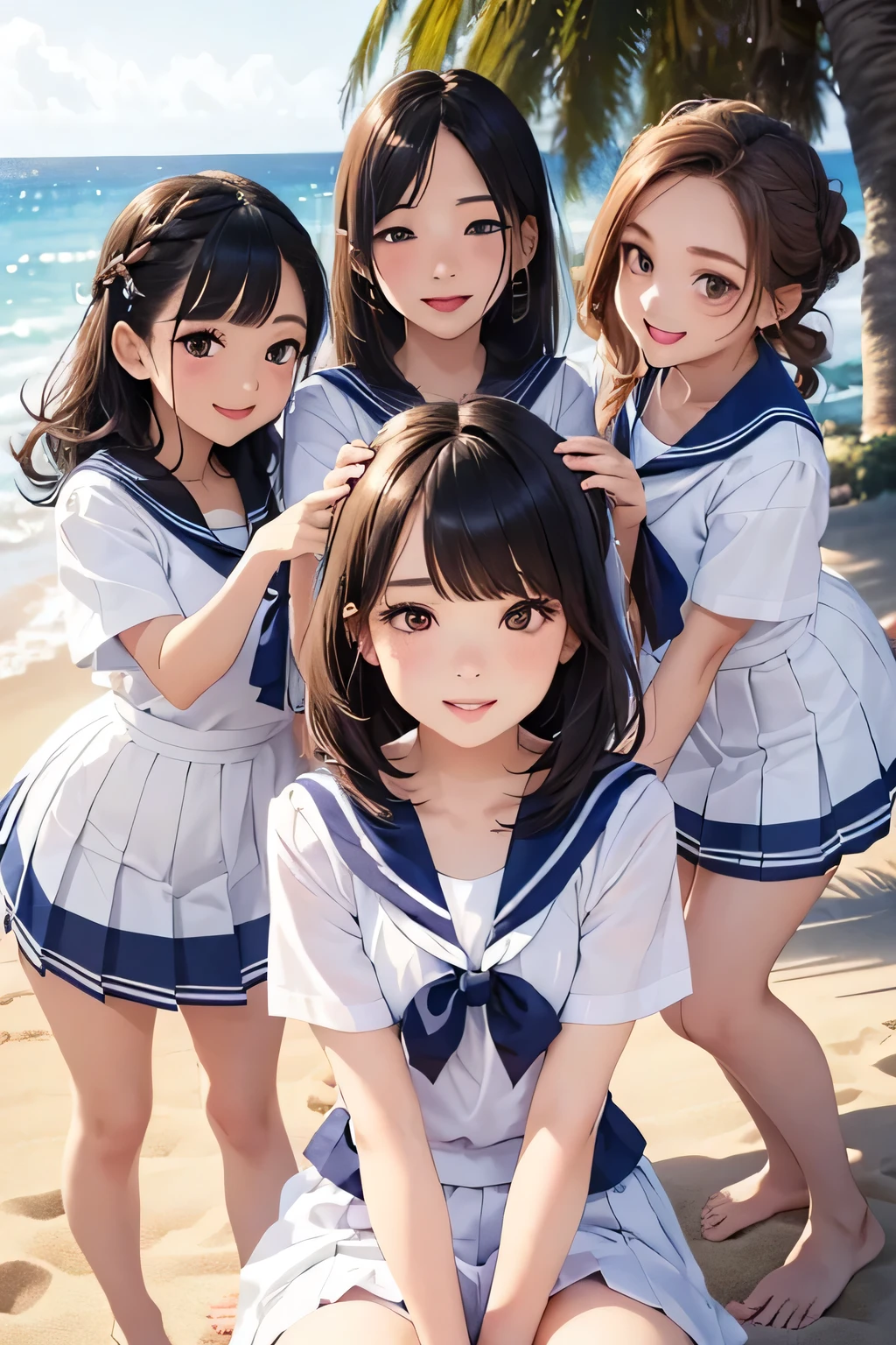 highest quality、High resolution、Detailed Background、(Beautiful face in every detail:1.4)、Anatomically correct、(Draw the usual number of fingers:1.2)、(Detailed facial expressions)、(Detailed eyes:1.2)、(Detailed eyes:1.2)、Beautiful, smooth skin、Teenage beauty、(Highly detailed face:1.4)、Cute color hair color、ponytail、Bobcut、Braided long hair、Wavy Hairstyle、well-groomed eyebrows、Cute Eye Makeup、Cute Lip Makeup、Short-sleeved white sailor suit、White sailor collar、Checkered Pleated Skirt、In a joking manner、Do cute things、Sunny sea background、Barefoot on the sand、A big smile、Sexual expressions、Fit on one screen、

(Three beautiful girls having fun with their friends:1.5)