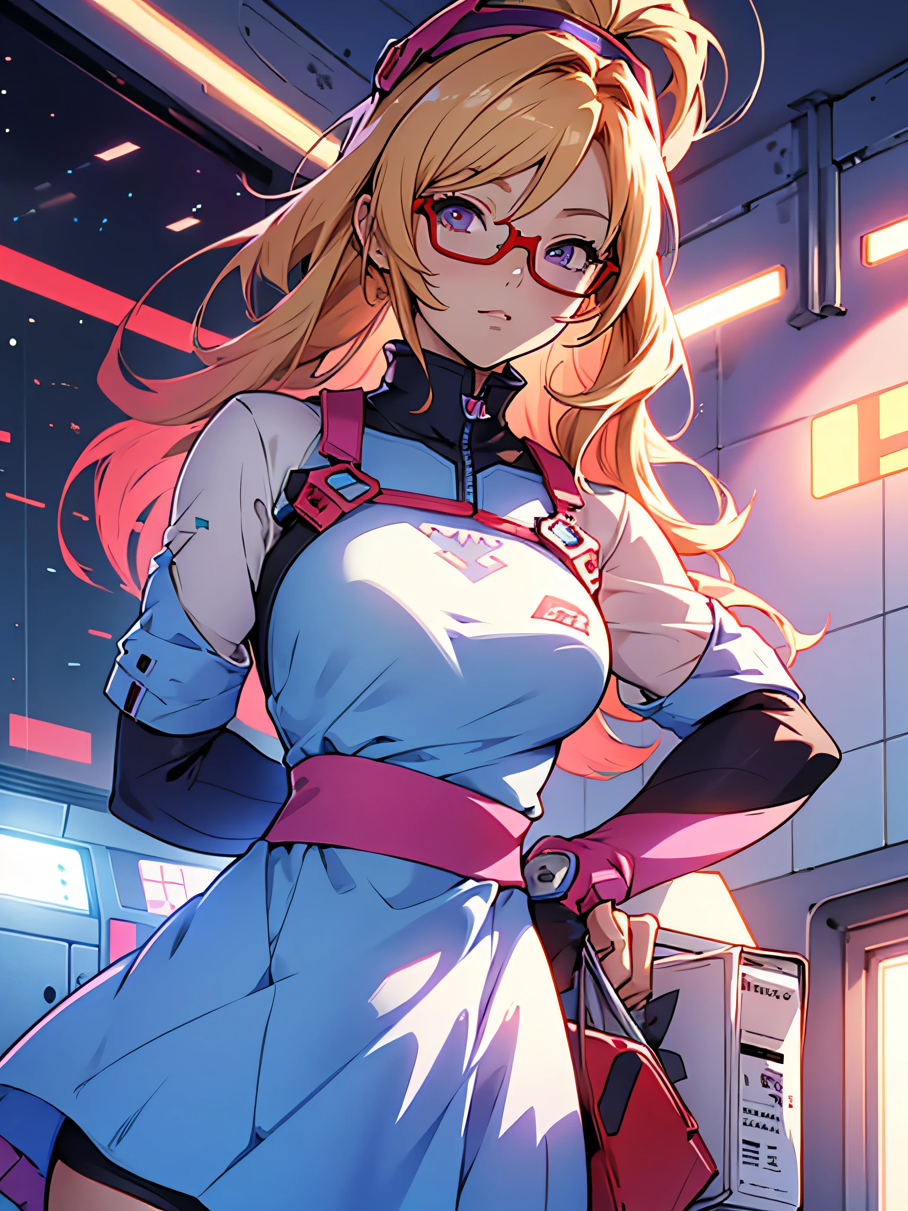 anime,An illustration,purple robot,Mobile Suit,Dom,Light blue check dress,Red glasses,Blonde,Light blue mesh hair,beautiful girl,Sora Sakurano,one person