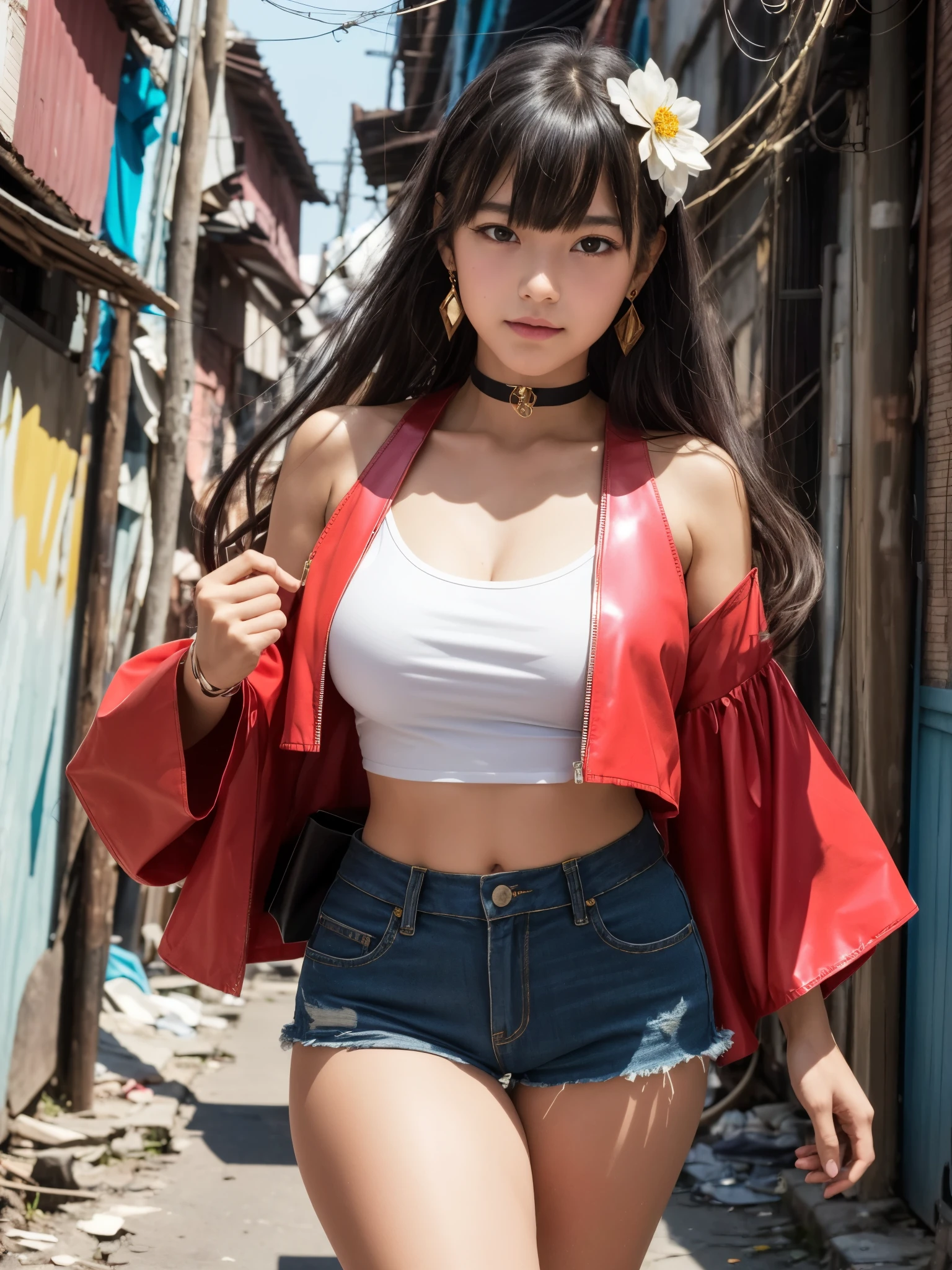 girl in alley way, BREAK, 1girl, narrow alley way, slum, (from below:0.8), navel, thighs, shiny vinyl super low rise short shorts, crop top, open leather crop jacket, looking at viewer, masterpiece, (real, photo real), best quality, high resolution, perfect details, very extreme absurdly long hair, hair ornament, idol clothes, red dress, shoulder, sleeveless, wrist cuffs. detached sleeve, thread earring, blue choker, huge flower, platycodon, grandiflorum, bangs, hair flower, colorful dress, colorful flowers, fantasy world, (gigantic breasts), (11yo, cute:1.3), 