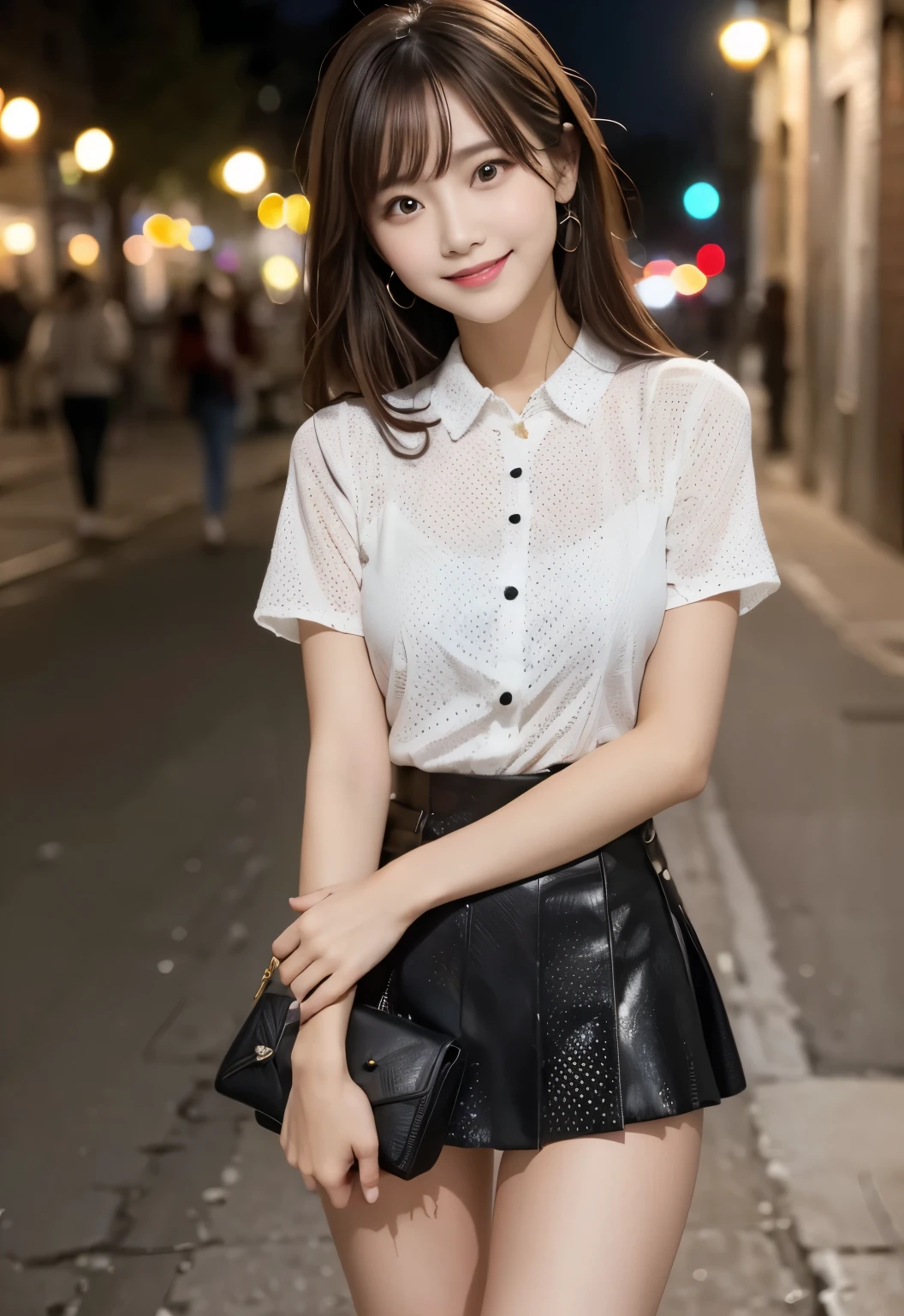 (In a business district at night in the rain:1.5)、(Soaking wet and smiling:1.5)、(A cute 20 year old woman:1.5)、(The best quality at its best:1.4), (Super detailed), (Very detailed CG unified 16k), Beautiful woman with perfect figure: 1.4, Sharp focus: 1.2, Very detailed, High-quality RAW color photos, Professional photography, Great face and eyes, cosmetics, (Amazingly beautiful girl), ((White blouse and black flared skirt:1.5)), Realistic movie faces, Full body long view from head to toe, Realistic, ((Realistic natural orange red hairstyle)), ( Short Bob Hair:1.5), (necklace:1.5)、, Very beautiful face, Perfect model beauty, Mouth swelling, Highly detailed face and skin texture, Fine grain, double eyelid, Medium chest, (masterpiece), Highest quality, High resolution, Very detailed, Blurred Background, Depth of written boundary, Cinema Lighting, Great legs, , Clear, well-maintained skin,((Full body shot from head to toe:1.5))