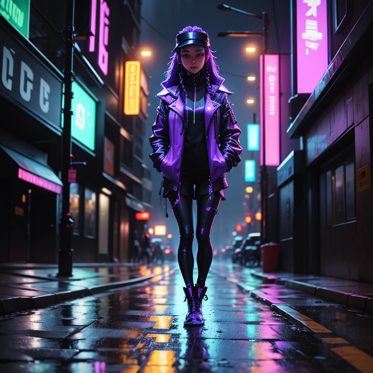 oil painting,young woman, cyberpunk,walking along the sidewalk, hands in pockets, in an urban dystopian setting, neon lights reflecting off a wet sidewalk, dressed in edgy futuristic clothing, augmented reality visor, cybernetic enhancements, metallic details, long braided hair in blue and purple hues, bright neon colors, urban decay, cinematic lighting, holographic displays visible in the background, rainy night, rough environment,light smiles