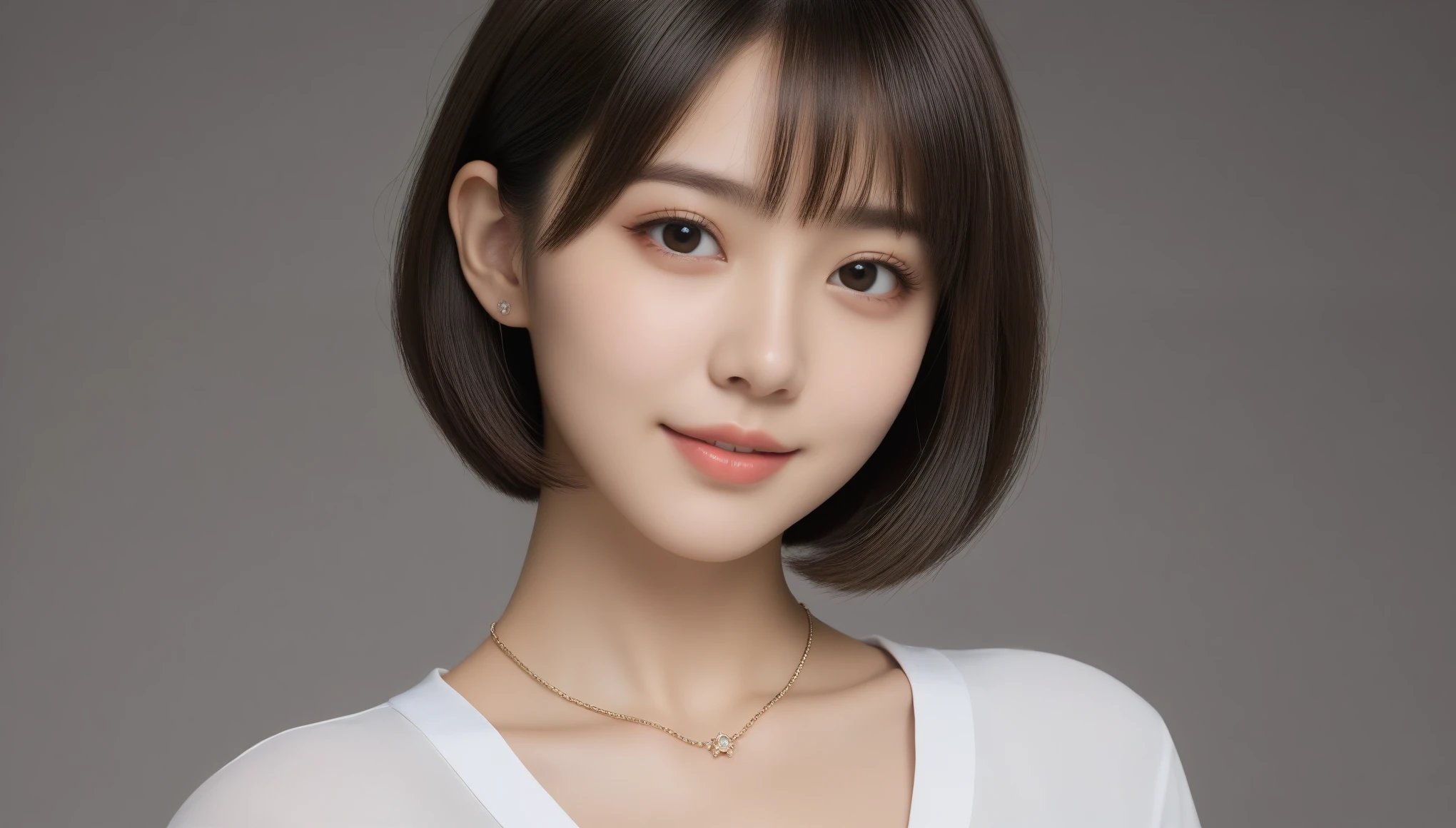 8K, Ultra-high resolution, highest quality, masterpiece, Surreal, photograph, 1 girl, (16 years old:1.3), pretty girl, Cute face, Beautiful eyes in every detail,masterpiece,(highest quality、8k、32k、masterpiece、Hmph:1.2)、かわいい日本人女性のphotograph、Small breasts、Very short bob hair、Upper body、Face Focus、Neat and clean office lady uniform、necklace、Simple Background、From above、Looking at the audience、Bob Cut Hair、Look at the audience、beauty,Long neck、Smile a little、Please close your mouth and laugh、(((Ideal body proportions))),A cup small breasts :2,、Portraiture:2、Perfect Anatomy、Vivid details、detailed、Surreal、Light and shadow,Strong light,Fashion magazine cover,Thin lips