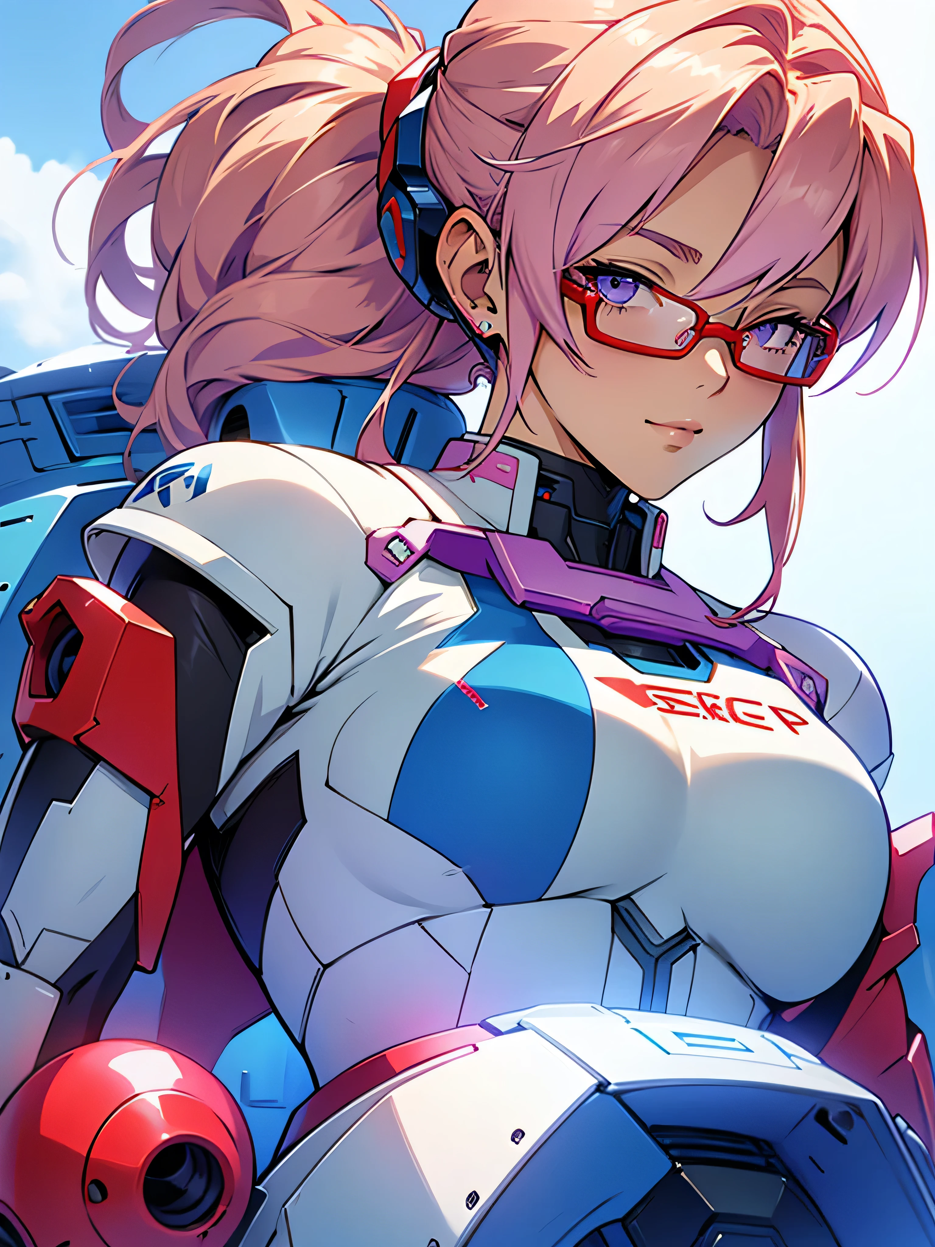 anime,An illustration,purple robot,Mobile Suit,Dom,Light blue check dress,Red glasses,Blonde,Light blue mesh hair,beautiful girl,Sora Sakurano,one person