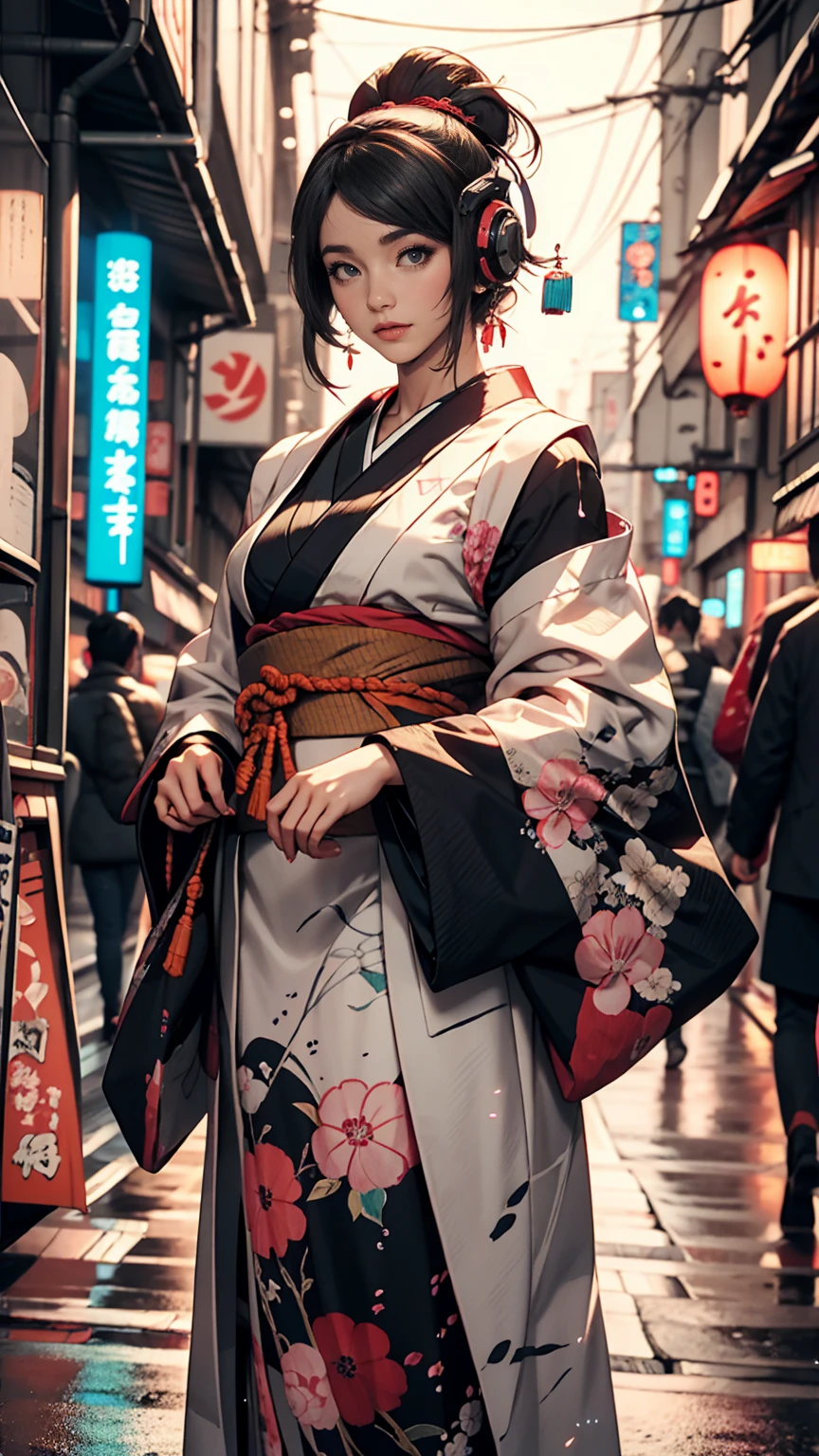 Japanese traditional clothing, Katsushika Hokusai Style, (cyber punk) (neon)、Mature Woman