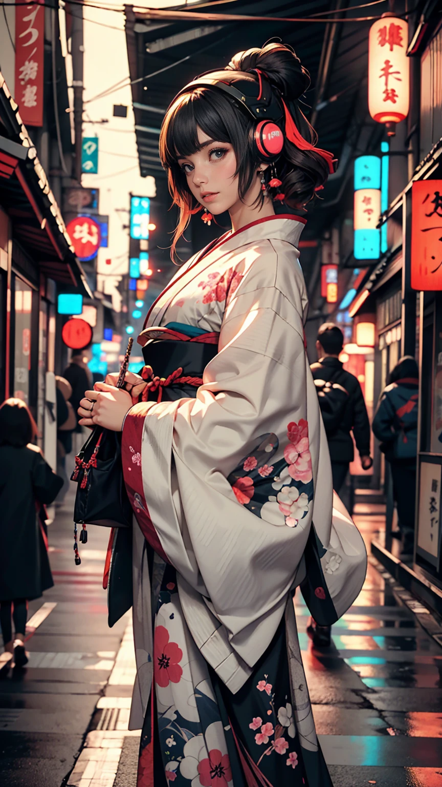 Japanese traditional clothing, Katsushika Hokusai Style, (cyber punk) (neon)、Mature Woman