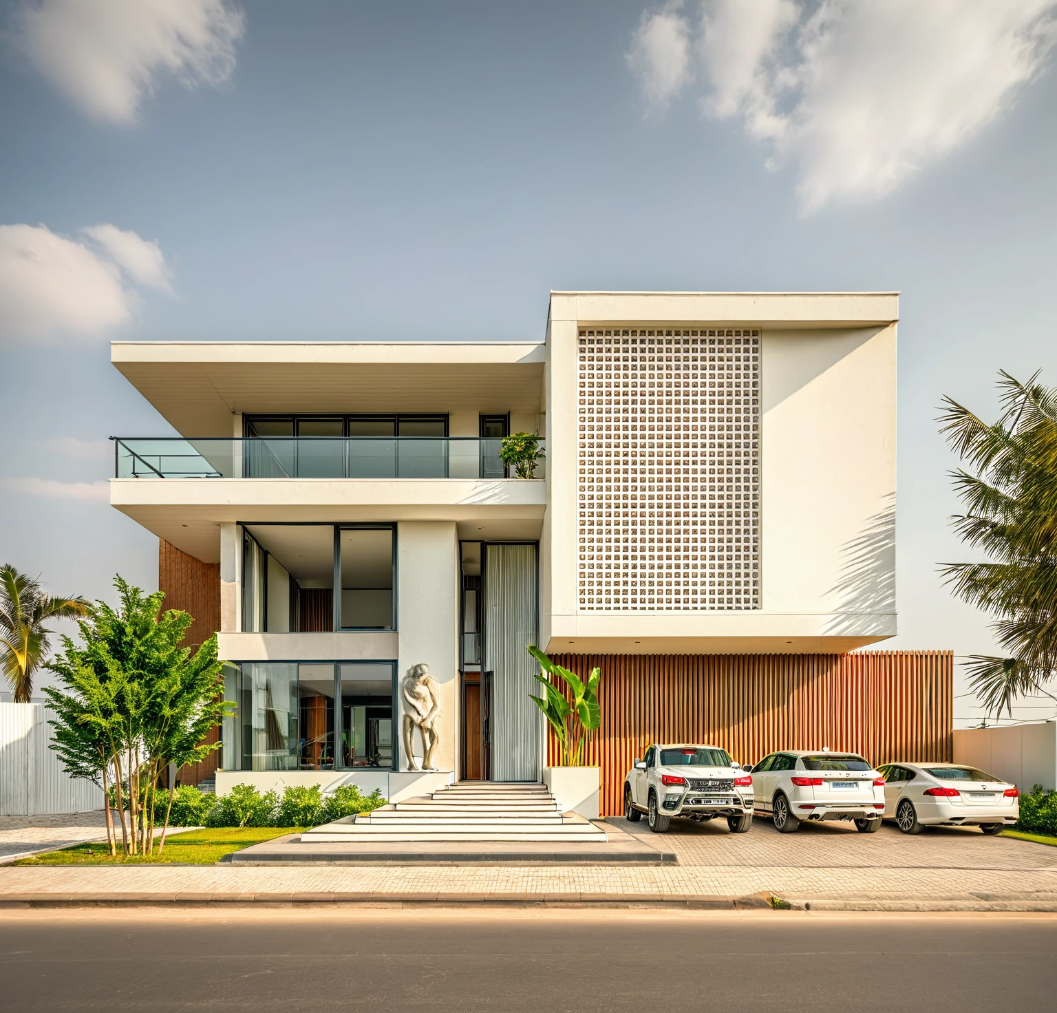 Raw photo,Masterpiece, high quality, best quality, authentic, super detail,
exterior, outdoors,Tuonghoagio,house, modern stytle, on the street,wind flower wall, glass windows, white wall,gate, metal railing
road,pavement, grass, trees, sky, (day:1.1)