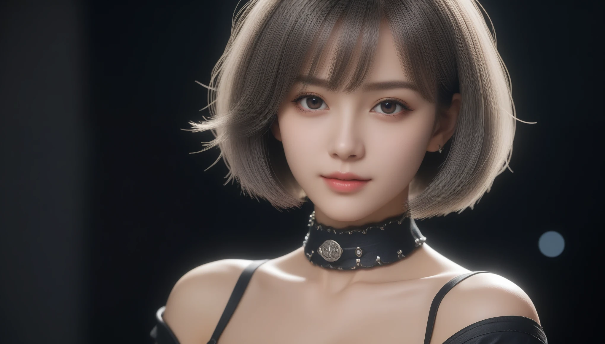 8K, 超High resolution, highest quality, masterpiece, Surreal, photograph, 1 girl, (16 years old:1.3), pretty girl, Cute face, Beautiful eyes in every detail,masterpiece,(Young Face),(Perfect Eyes), (Perfect hands), (Perfect Fingers), (Neck-length short hair: 1.5), (Simple tight skirt: 1.3), Silver Hair, collar, (gloves: 1.2), (gun), chain, distant future, The boundary between science fiction and fantasy has disappeared,(非常にdetailedな CG 8k 壁紙), (Very delicate and beautiful),Beautiful lighting, Realistic Shadows, [High resolution], detailedなスキン, 超detailed, Hmph (High Dynamic Range), Ray Tracing, NVIDIA, Super Resolution, Unreal 5, Scattered beneath the surface, PBR Textures, Post-processing, Anisotropic Filtering, Depth of written boundary, Maximum sharpness and sharpness, Multilayer Texture, Albedo and Highlight Mapping, Surface Shading, Accurate simulation of light-matter interactions, Perfect Proportions, Octane Rendering, 2-color light, Large Diameter, Low ISO, White balance, Rule of thirds, ,Dutch Angle,Excellent anatomy),Dynamic pose, Action pose, Open Pose, (Dark brown eyes),with strobe light、Dramatic shadows and highlights、Create images with depth and volume,1 Female Gothic、Tangle、Brilliant,Bob Cut Hair、Look at the audience、beauty,Long neck、Smile a little、Please close your mouth and laugh、(((Ideal body proportions))),A cup small breasts :2,、Portraiture:2、Perfect Anatomy、Vivid details、detailed、Surreal、Light and shadow,Strong light,Fashion magazine cover,Thin lips