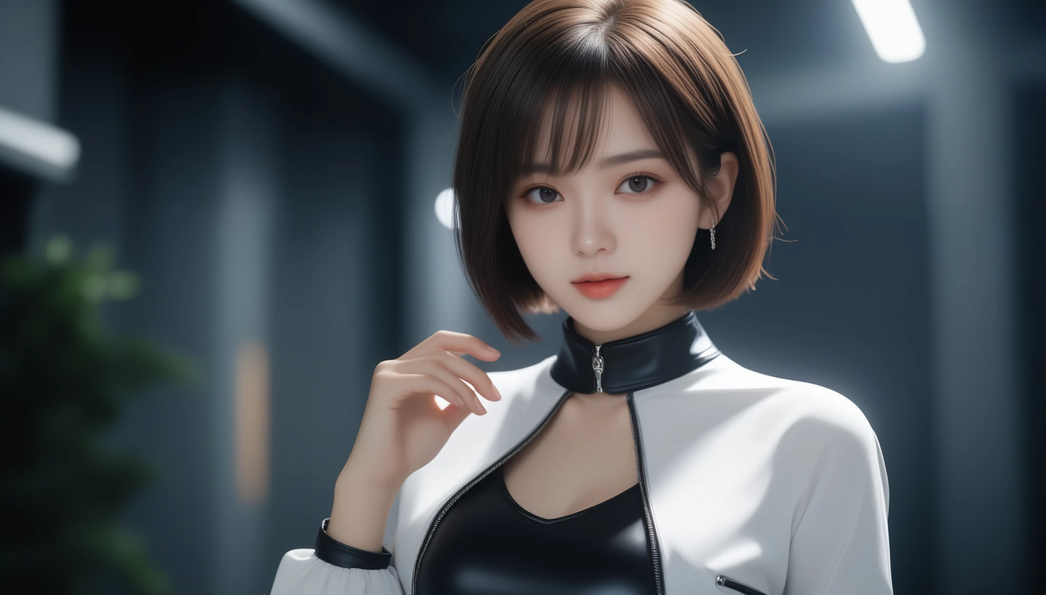 8K, 超High resolution, highest quality, masterpiece, Surreal, photograph, 1 girl, (:1.3), pretty girl, Cute face, Beautiful eyes in every detail,masterpiece,(Young Face),(Perfect Eyes), (Perfect hands), (Perfect Fingers), (Neck-length short hair: 1.5), (Simple tight skirt: 1.3), Silver Hair, collar, (gloves: 1.2), (gun), chain, distant future, The boundary between science fiction and fantasy has disappeared,(非常にdetailedな CG 8k 壁紙), (Very delicate and beautiful),Beautiful lighting, Realistic Shadows, [High resolution], detailedなスキン, 超detailed, Hmph (High Dynamic Range), Ray Tracing, NVIDIA, Super Resolution, Unreal 5, Scattered beneath the surface, PBR Textures, Post-processing, Anisotropic Filtering, Depth of written boundary, Maximum sharpness and sharpness, Multilayer Texture, Albedo and Highlight Mapping, Surface Shading, Accurate simulation of light-matter interactions, Perfect Proportions, Octane Rendering, 2-color light, Large Diameter, Low ISO, White balance, Rule of thirds, ,Dutch Angle,Excellent anatomy),Dynamic pose, Action pose, Open Pose, (Dark brown eyes),with strobe light、Dramatic shadows and highlights、Create images with depth and volume,1 Female Gothic、Tangle、Brilliant,Bob Cut Hair、Look at the audience、beauty,Long neck、Smile a little、Please close your mouth and laugh、(((Ideal body proportions))),A cup small breasts :2,、Portraiture:2、Perfect Anatomy、Vivid details、detailed、Surreal、Light and shadow,Strong light,Fashion magazine cover,Thin lips