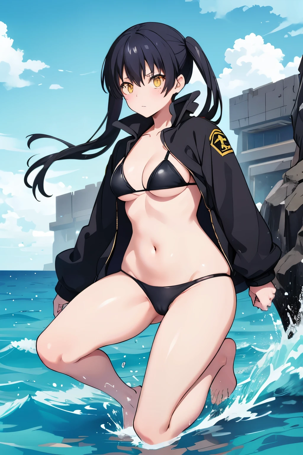 Tamaki (Fire Force), Black bikini, Black Jacket with blue stripes tamaki, twintails, black hair, yellow eyes, bangs, long hair, hair between eyes, full body, lovely