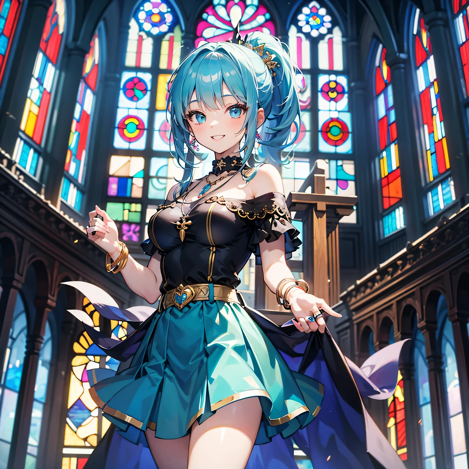Anime Moe Art Style,highest quality,High resolution,Anatomically correct,One Girl,Mid-s,A girl with light blue hair in a ponytail,Super detailed,Fantasy-style world,Off-the-shoulder tops,mini skirt,Big Breasts,church,Stained glass,smile,Bright smile,A rich expression,Prayer Pose,Eyes drawn in detail,hair ornaments,necklace,bracelet,ring,8K