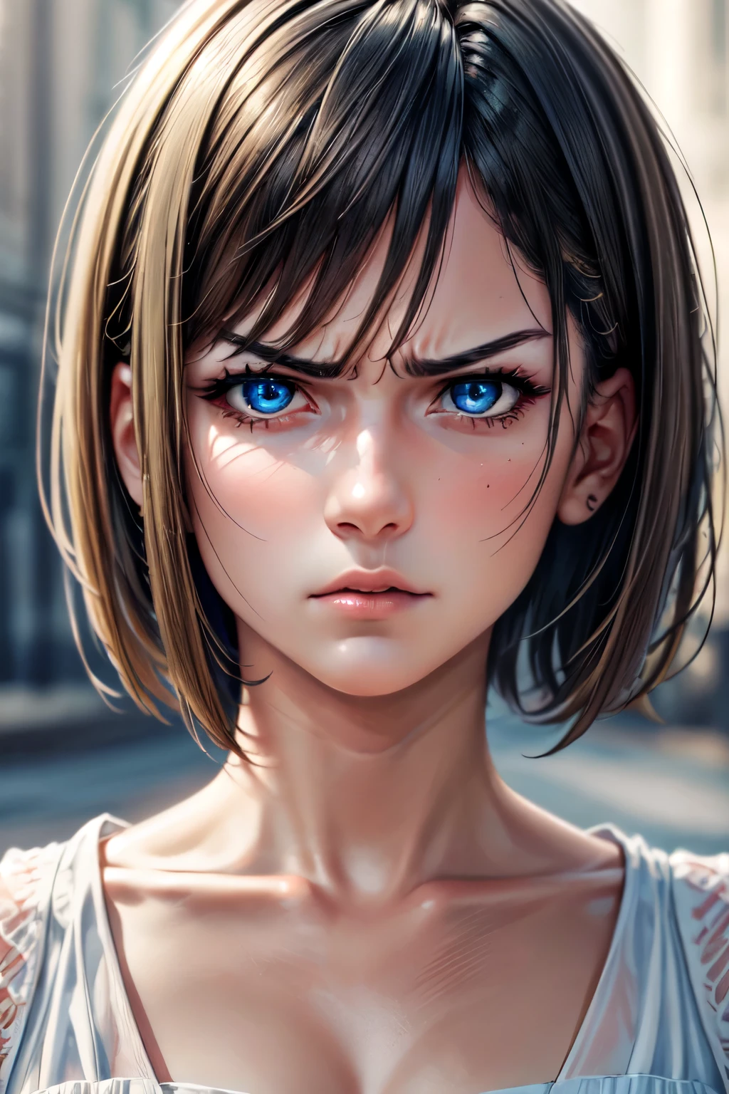 (Browsing Caution:-1), (masterpiece:1.3), (8k, Realistic, RAW Photos, highest quality: 1.4), (One girl), Beautiful Face, (Realistic Face), Beautiful hairstyle, (short hair :1.5), Realistic eyes, Beautiful fine details, (Realistic Skin), Beautiful Skin, (blouse), Absurd, Charm, Ultra-high resolution, Ultra-realistic, Very detailed, Golden Ratio, Angry expression,Face becomes red,