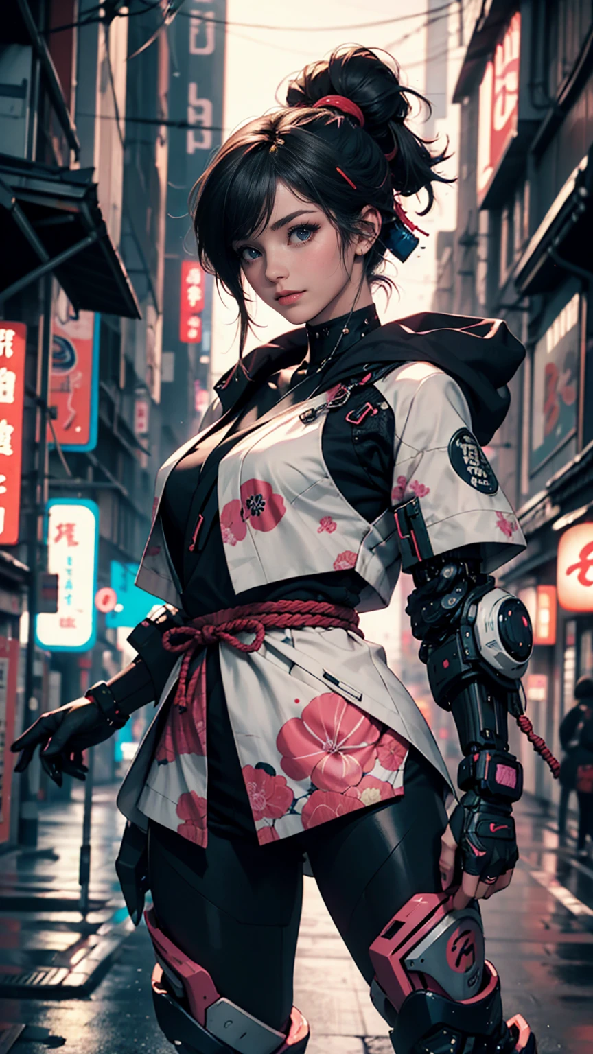 Japanese traditional clothing, Katsushika Hokusai Style, (cyber punk) (neon)、Mature Woman