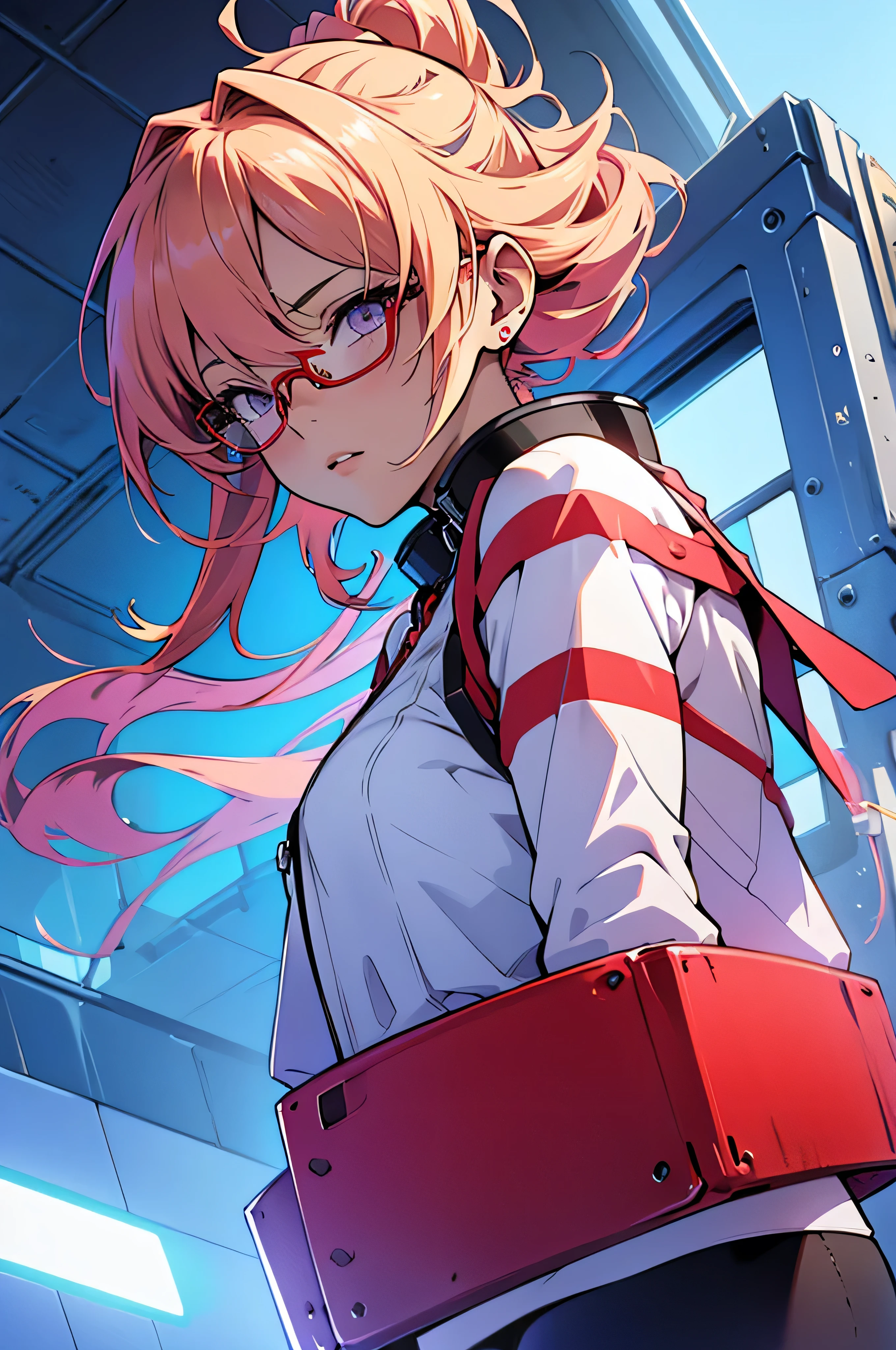 anime,An illustration,purple robot,Mobile Suit,Dom,Light blue check dress,Red glasses,Blonde,Light blue mesh hair,beautiful girl,Sora Sakurano,one person