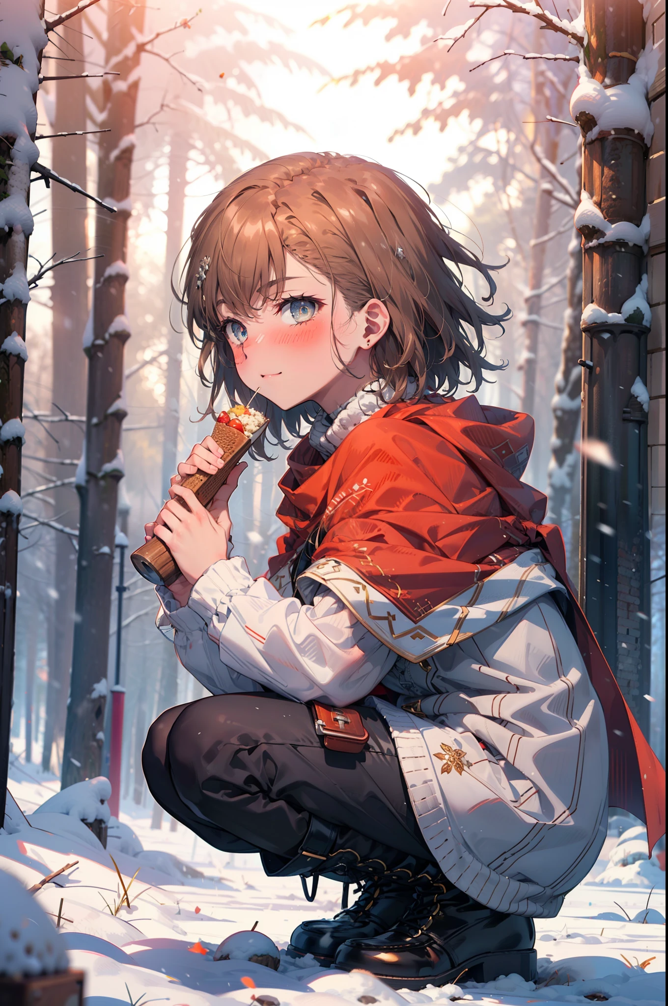 Mycotrose, Brown eyes,Brown Hair,short hair,smile,blush,White Breath,
Open your mouth,snow,Ground bonfire, Outdoor, boots, snowing, From the side, wood, suitcase, Cape, Blurred, Eat a meal, forest, White handbag, nature, Squat, Mouth closed, Cape, winter, Written boundary depth, Black shoes, red Cape break looking at viewer, Upper Body, whole body, break Outdoor, forest, nature, break (masterpiece:1.2), highest quality, High resolution, unity 8k wallpaper, (shape:0.8), (Beautiful and beautiful eyes:1.6), Highly detailed face, Perfect lighting, Highly detailed CG, (Perfect hands, Perfect Anatomy),