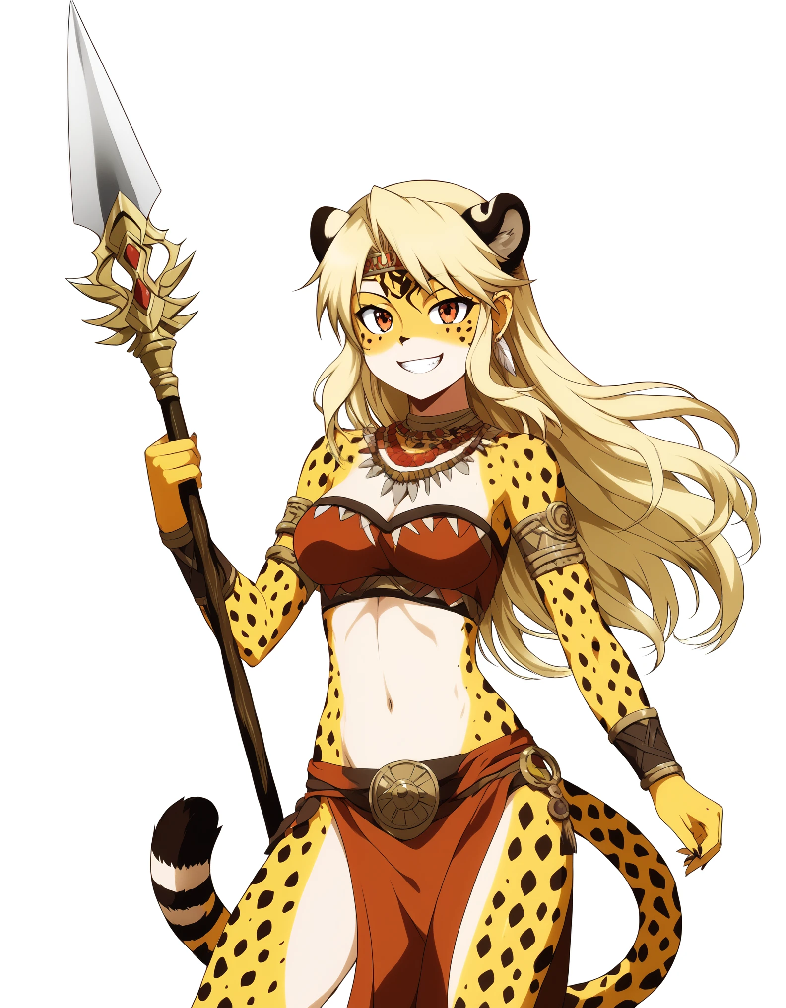 (Masterpiece, best quality), detailed, ((character art, full of details, Anime Babe, Wallpaper, Game Illustration, Animagine XL Babe, Fan Art, Animated)), (AFK_Arena, Antandra, cheetah girl, monstergirl)), (1woman, female, tribal clothes, tribal cloth dress), (cheetal skin, cheetal ears and tail) , (detailed eyes), detailed face, ((happy face expressions smiling)), athletic physical form, ((white blonde color long hair)), ((holding spear, holding weapon)), (simple background, white background: 1.3)