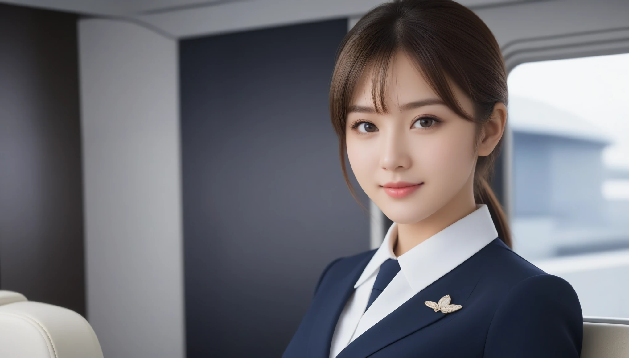 8K, 超High resolution, highest quality, masterpiece, 超Realisticな, photograph, 1 girl, (:1.3), pretty girl, Cute face, Beautiful eyes in every detail,masterpiece,(Tabletop:1.3), High resolution, 超detailedな, 非常にdetailedな CG Unity 8K 壁紙, Realistic, Photorealistic, RAWphotograph, 美しくdetailedな顔, Pale skin, Realistic skin, detailedな布の質感, detailedな髪の質感, Perfect Proportions, Beautiful Face, Accurate, Anatomically correct, 非常にdetailedな顔と肌の質感, Natural neck length, (Beautiful Hands), (Fair skin:1.2), Thin legs, Thin legs, Sexy thighs, break, Fine grain, Symmetrical eyes, Light brown eyes, double eyelid, Thin eyebrows, (Glossy Lips:1.4), (Cute smile:1.2), break, (上品でpretty girl:1.3), (Wearing the elegant flight attendant uniform of Japan Airlines:1.2), (Close button:1.1), (Medium large breasts), (Slim figure), (Beautiful curves), (Dark brown hair, Wavy Hair), ((short hair, Asymmetrical bangs:1.2)), (Upper Body Shot:1.2), (View your viewers:1.2), (From the side), break, ((Stand on the jet bridge with a business card in front of your waist:1.1)), (Okinawa Naha Airport:1.2),、Look at the audience、beauty,Long neck、Smile a little、Please close your mouth and laugh、(((Ideal body proportions))),A cup small breasts :2,、Portraiture:2、Perfect Anatomy、Vivid details、detailed、超Realisticな、Light and shadow,Strong light,Fashion magazine cover,Thin lips