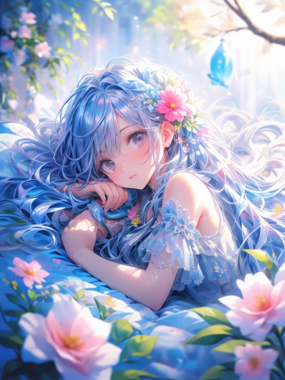 masterpiece:1.2, 8k, (best quality,ultra-detailed,photorealistic:1.37),1girl, soft light, cute girllying on a bed covered with a multitude of flowers,soft and delicate petals,fragrant blossoms,an abundance of colorful blooms,freshly picked flowers scattered on the bed,beautifully arranged flower arrangement,romantic and dreamy atmosphere,vibrant and vivid flower colors,a bed filled with flowers of various types and sizes,exquisite floral patterns,HDR,UHD,studio lighting,flower petals gently falling in the air,subtle play of light and shadow among the flowers,detailed textures of the flower petals,pure white linen sheets contrasting with the vibrant flowers,meticulous attention to the smallest details,colorful bokeh in the background,an aura of tranquility and peace,perfectly captured beauty of the flowers,artistic and enchanting composition,variety of flower species,playful and whimsical ambiance,feeling of being surrounded by nature's beauty,serene and inviting atmosphere,meticulously hand-painted flowers,impeccable realism,strong floral fragrance in the air.