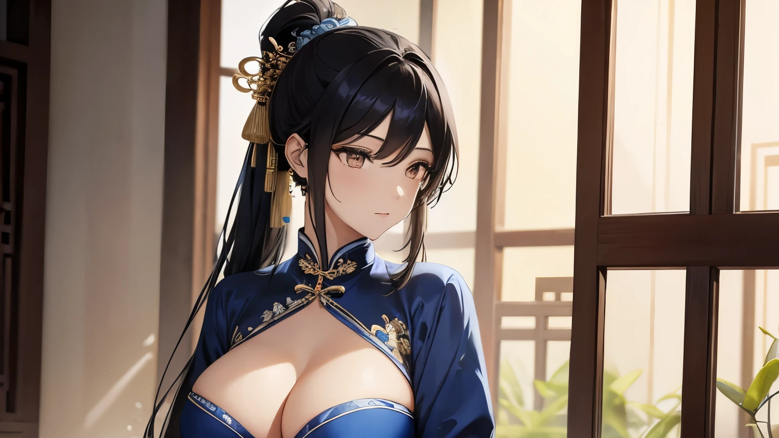 A beautiful woman in a blue Chinese dress China Black hair ponytail with hair ornament Upper Body Big Breasts