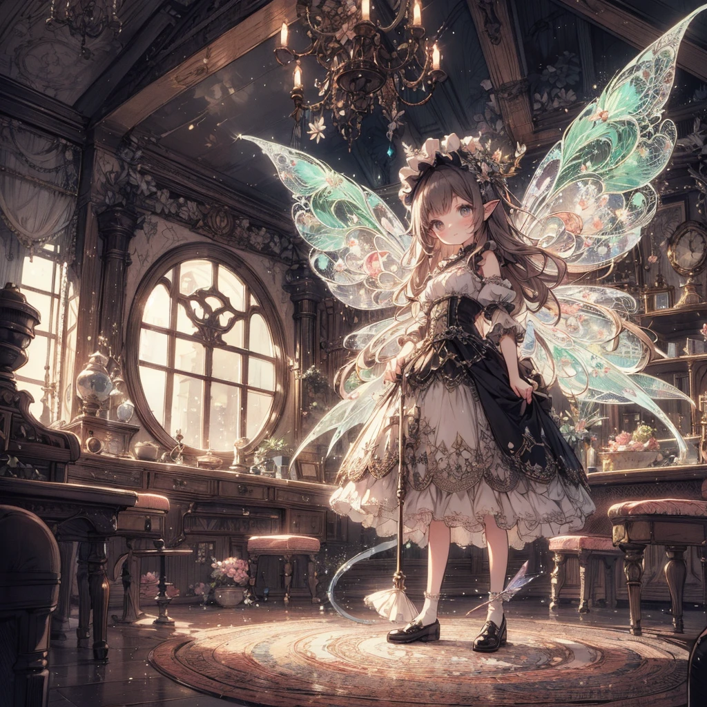 (Exquisite, beautiful, Very detailed, masterpiece, High resolution,high quality,High resolution),(Well-formed face,Soft and thin lines: 1.2, beautiful, Delicate and vivid illustrations with a mature and clear feel), In a dark room in an old mansion in a fantasy world, a tiny, palm-sized maid named Pixie with butterfly-like wings is cleaning the room with magical powers.,A room in a fantasy world mansion,(Transparent fairy wings grow from your back), (Dazzling Smile),A maid outfit decorated with ribbons, lace and frills, (A fair-skinned, well-built fairy with a pale pink blush, plump pink lips and a large bust.),Vibrant and eye-catching colors,Dynamic Angles