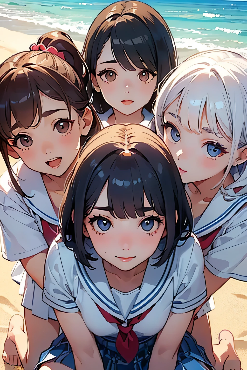 highest quality、High resolution、Detailed Background、(Beautiful face in every detail:1.4)、Anatomically correct、(Draw the usual number of fingers:1.2)、(Detailed facial expressions)、(Detailed eyes:1.2)、(Detailed eyes:1.2)、Beautiful, smooth skin、age beauty、(Highly detailed face:1.4)、Cute color hair color、ponytail、Bobcut、Braided long hair、Wavy Hairstyle、well-groomed eyebrows、Cute Eye Makeup、Cute Lip Makeup、Short-sleeved white sailor suit、White sailor collar、Checkered Pleated Skirt、In a joking manner、Do cute things、Sunny sea background、Barefoot on the sand、A big smile、Sexual expressions、Fit on one screen、

(Three beautiful girls having fun with their friends:1.5)