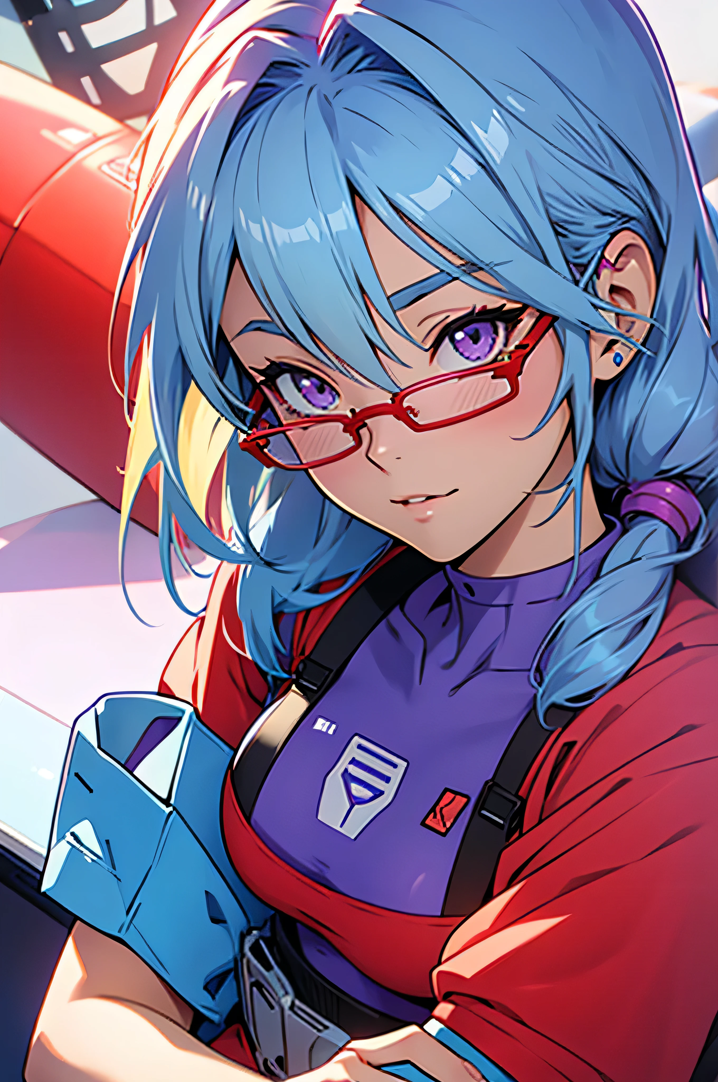 anime,An illustration,purple robot,Mobile Suit,Dom,Light blue check dress,Red glasses,Blonde,Light blue mesh hair,beautiful girl,Sora Sakurano,one person