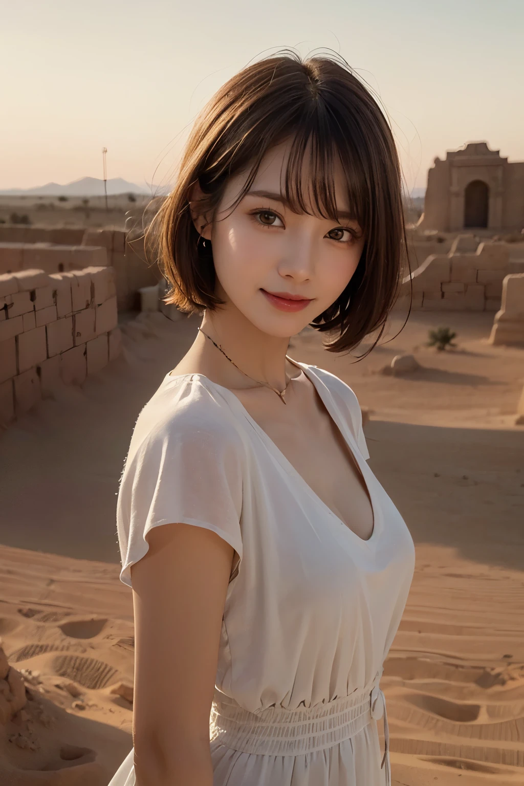 Ultra-high resolution、(Real:1.4)、One beautiful woman、Beautifully detailed eyes and skin、A Little Smile、No makeup、Light brown short hair、Cute and chic dress、Small Bust、Desert Planet、Ancient ruins、Yellow sky、Huge spaceship in the distance、Sci-Fi Taste、Movie quality、