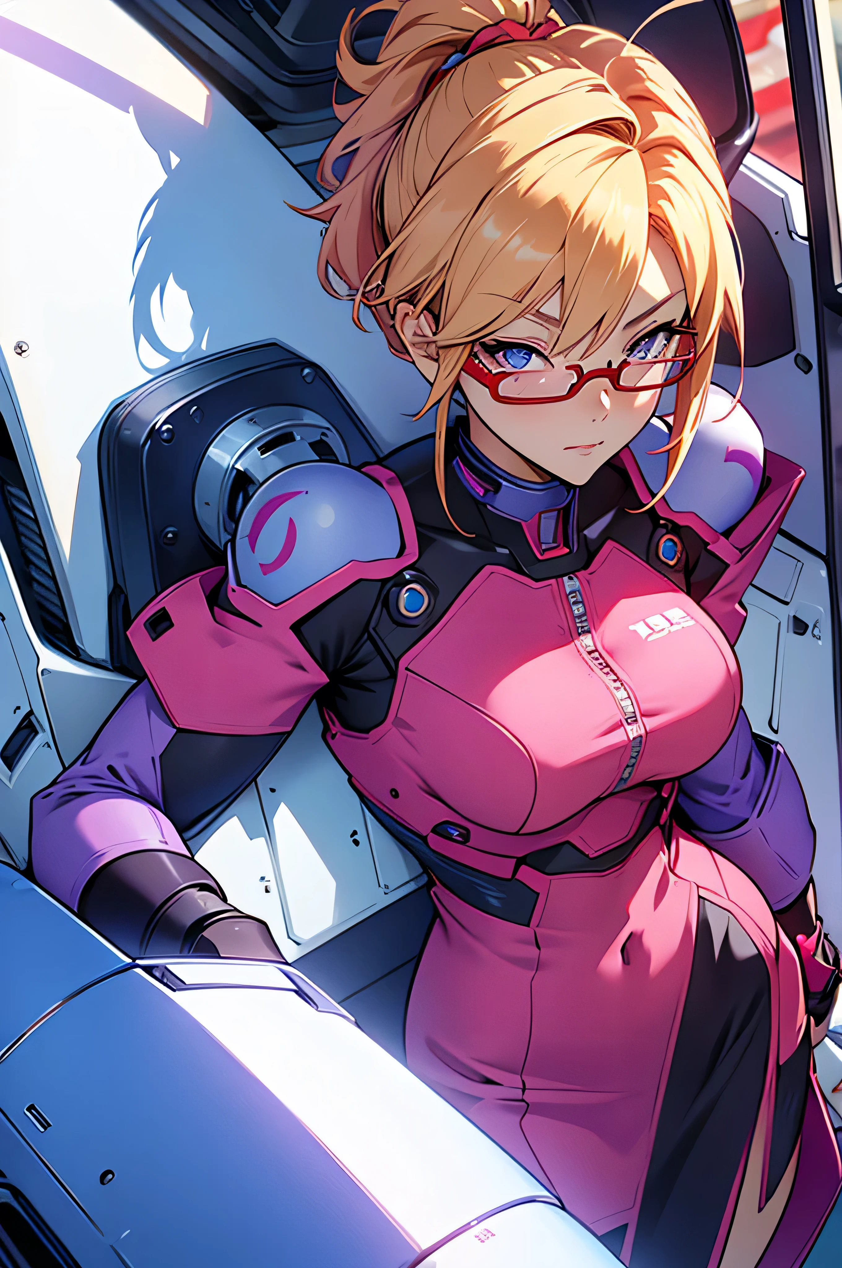 anime,An illustration,purple robot,Mobile Suit,Dom,Light blue check dress,Red glasses,Blonde,Light blue mesh hair,beautiful girl,Sora Sakurano,one person