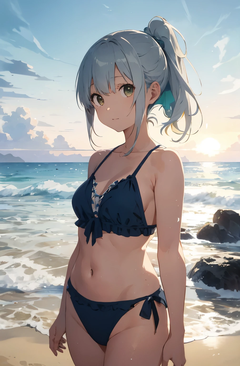 Silver-haired girl drawn in high resolution Japanese anime style、Standing alone on the white sand beach of a deserted island。She is wearing a gorgeous yellow bikini.、Her hair is in a ponytail that sparkles in the light......。The sea in the background shines emerald green......、The beach is littered with shells and pebbles.、time々、Small waves gently wash up on the shore。熱帯のwood々Swaying in the Wind、Mr......々Among the branches々Birds are singing..。wood々Colorful flowers blooming in abundance、The entire island is filled with abundant nature......。On the horizon of a distant sea、The setting sun casts a beautiful orange glow over the ocean.、It gives the whole place a mystical feel......。、Wakame seaweed、Wakame seaweed、Wakame seaweed、Wakame seaweed、Wakame seaweed、Wakame seaweed、