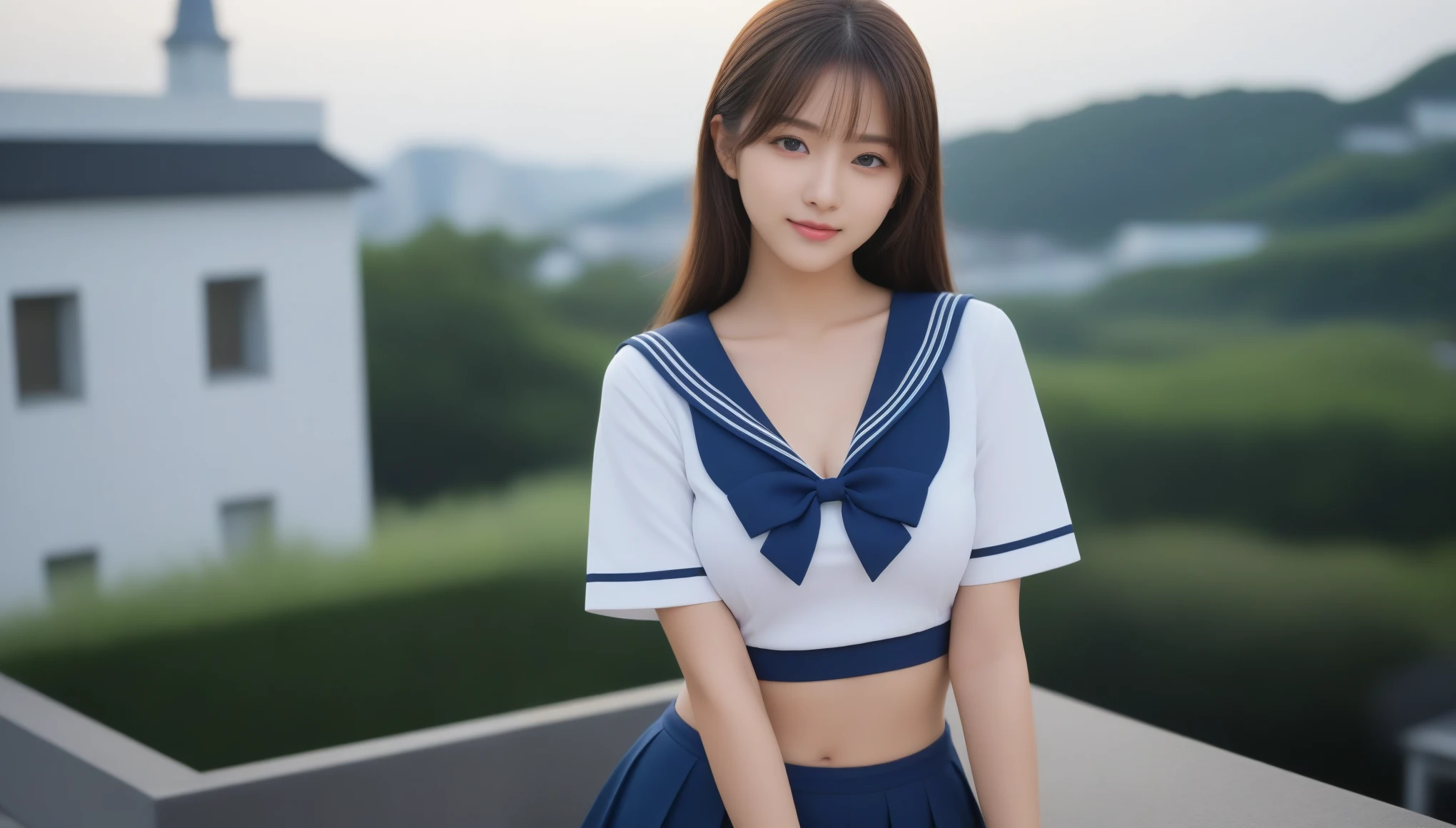 8K, 超High resolution, highest quality, masterpiece, 超Realisticな, photograph, 1 girl, (16 years old:1.3), pretty girl, Cute face, 細部まで美しいeye,masterpiece,(highest quality, 8k, 32k, masterpiece, 超High resolution:1.2), (RAWphotograph), (Realistic), (photoRealistic:1.2), (High resolution), Large file size, 非常にdetailedな, Very beautiful face & eye, One girl, (change), young woman, Round and small face, Narrow waist, Huge breasts, Slim figure, (school uniform, sailor fuku, sera fuku, Sailor suit, Dark blue pleated skirt:1.23), (From below, Beautiful high cut white panties, share:1.19), City rooftops at dawn, 、Look at the audience、beauty,Long neck、Smile a little、Please close your mouth and laugh、(((Ideal body proportions))),A cup small breasts :2,、Portraiture:2、Perfect Anatomy、Vivid details、detailed、超Realisticな、Light and shadow,Strong light,Fashion magazine cover,Thin lips