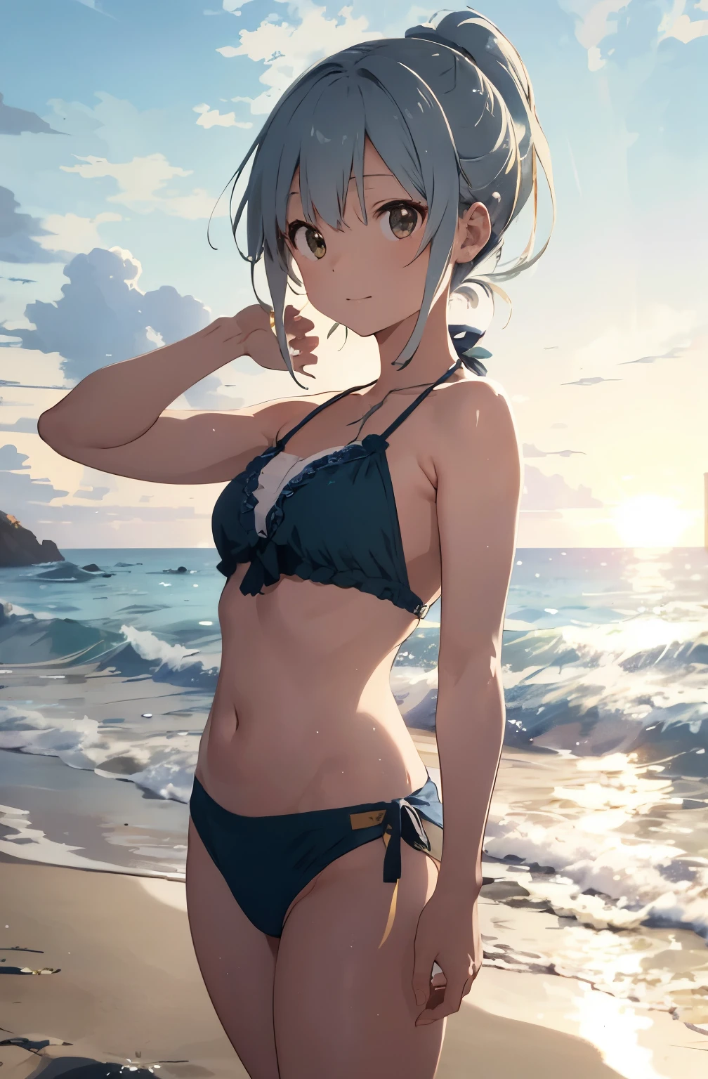 Silver-haired girl drawn in high resolution Japanese anime style、Standing alone on the white sand beach of a deserted island。She is wearing a gorgeous yellow bikini.、Her hair is in a ponytail that sparkles in the light......。The sea in the background shines emerald green......、The beach is littered with shells and pebbles.、time々、Small waves gently wash up on the shore。熱帯のwood々Swaying in the Wind、Mr......々Among the branches々Birds are singing..。wood々Colorful flowers blooming in abundance、The entire island is filled with abundant nature......。On the horizon of a distant sea、The setting sun casts a beautiful orange glow over the ocean.、It gives the whole place a mystical feel......。、Wakame seaweed、Wakame seaweed、Wakame seaweed、Wakame seaweed、Wakame seaweed、Wakame seaweed、