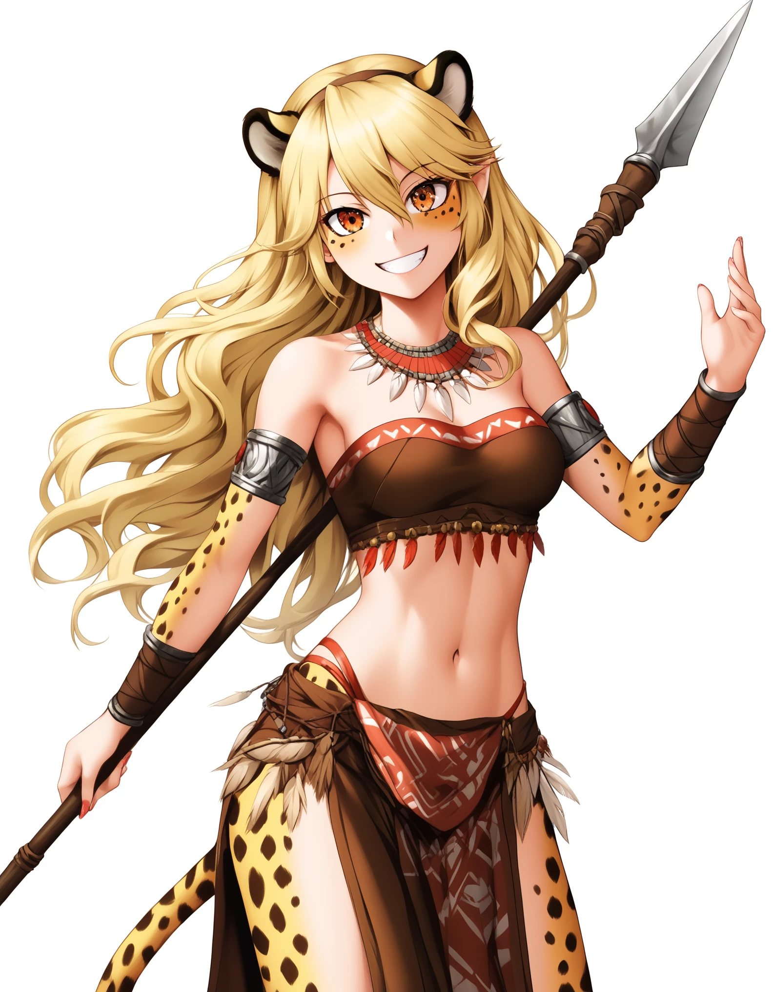 (Masterpiece, best quality), detailed, ((character art, full of details, Anime Babe, Wallpaper, Game Illustration, Animagine XL Babe, Fan Art, Animated)), (AFK_Arena, Antandra, cheetah girl, monstergirl)), (1woman, female, tribal clothes, tribal cloth dress), (cheetal skin, cheetal ears and tail) , (detailed eyes), detailed face, ((happy face expressions smiling)), athletic physical form, ((white blonde color long hair)), ((holding spear, holding weapon)), (simple background, white background: 1.3)