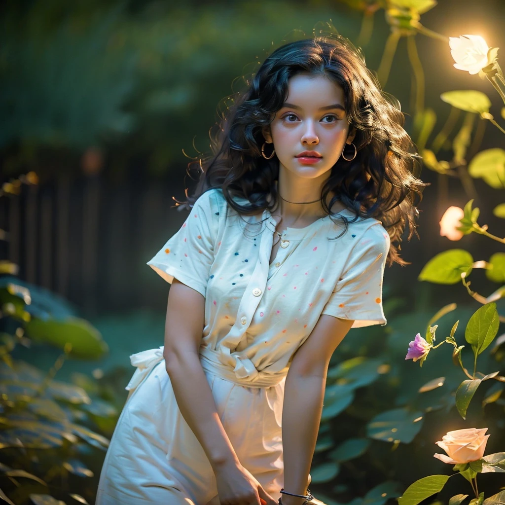 fantasypotrait, hyper realistic.
beautiful woman, very long to below the waist, straight, bright, with white spotlights, oval face, high cheekbones, dark eyes, slightly fat, fuller figure, feeling confused at night in the garden while holding a rose in her hand, faint light, shooting star