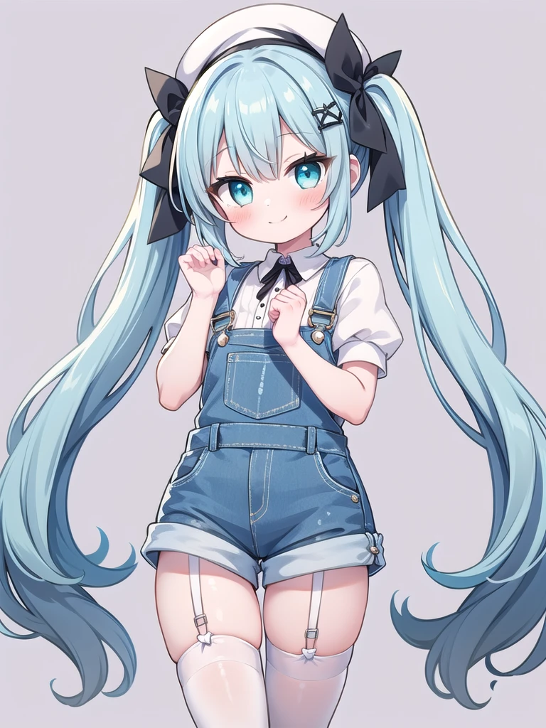 1girl, best quality, perfect hands, smile, cyan hair, very long hair, twintails, black hair ribbon, cyan eyes, white shirt, overalls, blue shorts, puffy short sleeves, white beret, blush, hair ornament, white thighhighs, white garter straps, white beret