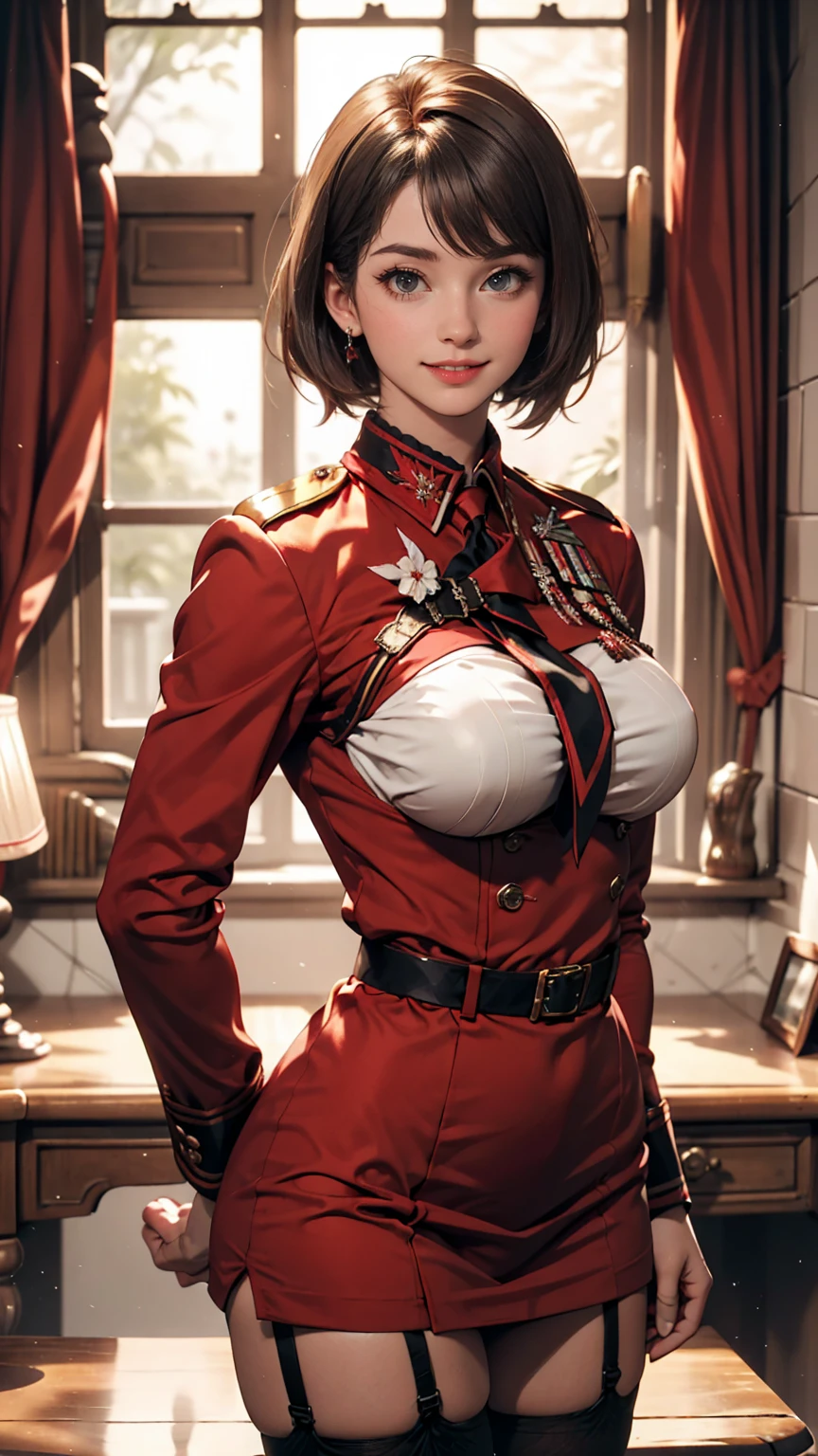 Chisato, One girl, bangs, indoor, short hair, smile, alone, Are standing, Sexy pose, Big Breasts, Red Uniform, Garter Straps, stockings, Hands Behind Back, Red side ribbon, Licorice Reaction Uniform,