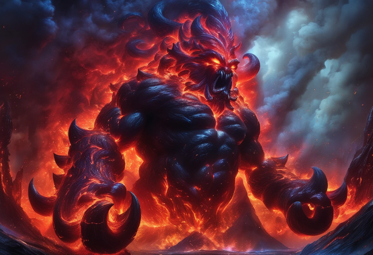 (a gigantic lava demon),highly-detailed,lurking over a city,people running,hyper-detailed,hyper-realistic, masterpiece:1.2, highres, ultra-detailed, realistic:1.37, HDR, UHD, professional, vivid colors, bokeh, oil painting, dark fantasy, vibrant color palette, dramatic lighting
