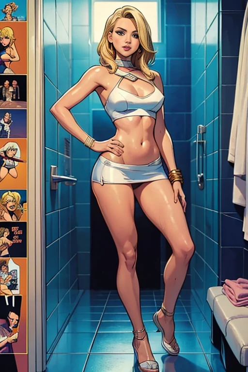 Comic Storyboard:1.8, cartoon strip,comic:: Jennifer Lawrence,Selena Gomez(1 mujer) Full body of 30-year-old blonde,bathing ,en una casa futurista, Estilo Comic de Marvel, hiperHD, 24K UHD