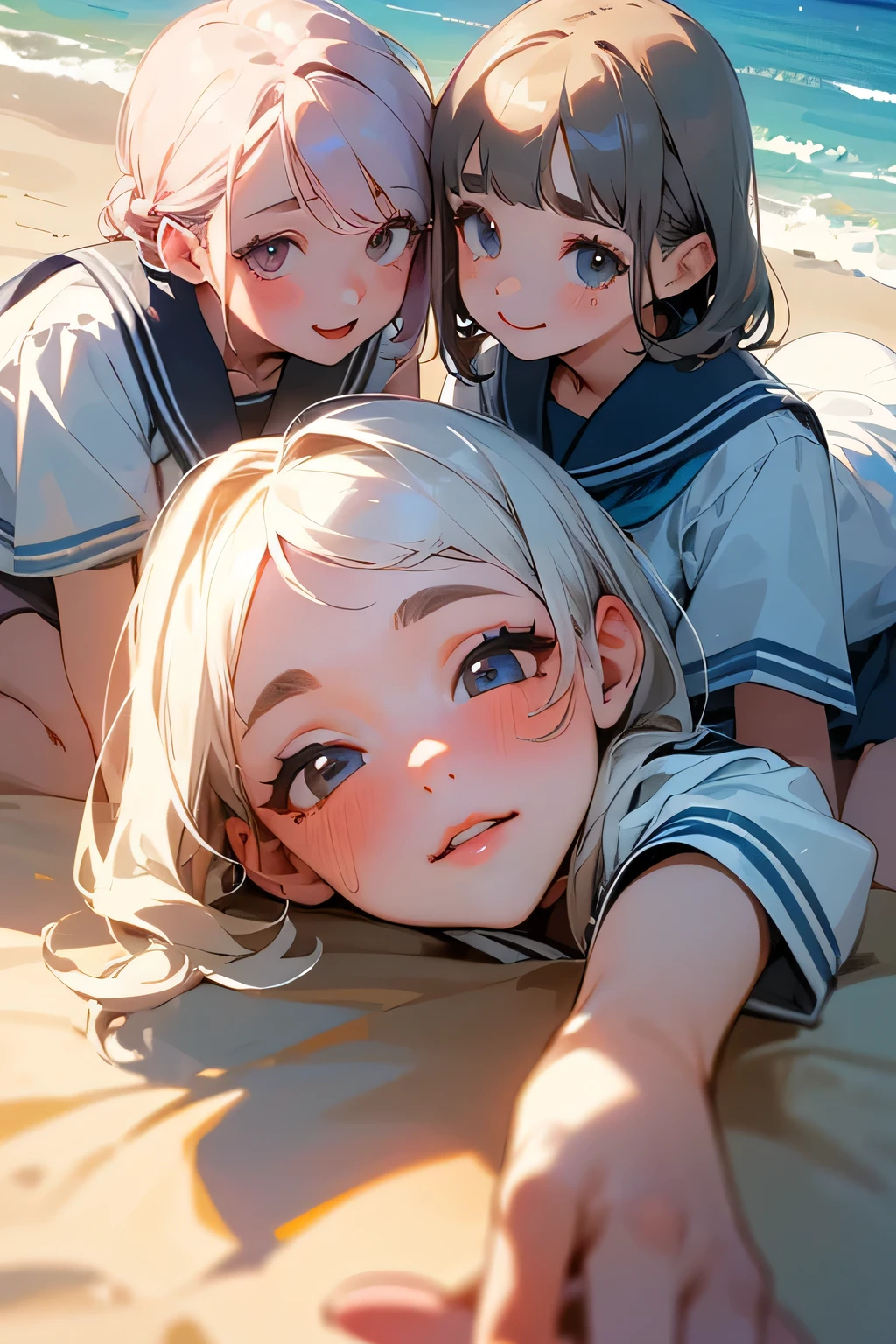 highest quality、High resolution、Detailed Background、(Beautiful face in every detail:1.4)、Anatomically correct、(Draw the usual number of fingers:1.2)、(Detailed facial expressions)、(Detailed eyes:1.2)、(Detailed eyes:1.2)、Beautiful, smooth skin、Teenage beauty、(Highly detailed face:1.4)、Cute color hair color、ponytail、Bobcut、Braided long hair、Wavy Hairstyle、well-groomed eyebrows、Cute Eye Makeup、Cute Lip Makeup、Short-sleeved white sailor suit、White sailor collar、Checkered Pleated Skirt、In a joking manner、Do cute things、Sunny sea background、Barefoot on the sand、A big smile、Sexual expressions、Fit on one screen、
(Three beautiful girls having fun with their friends:1.5)